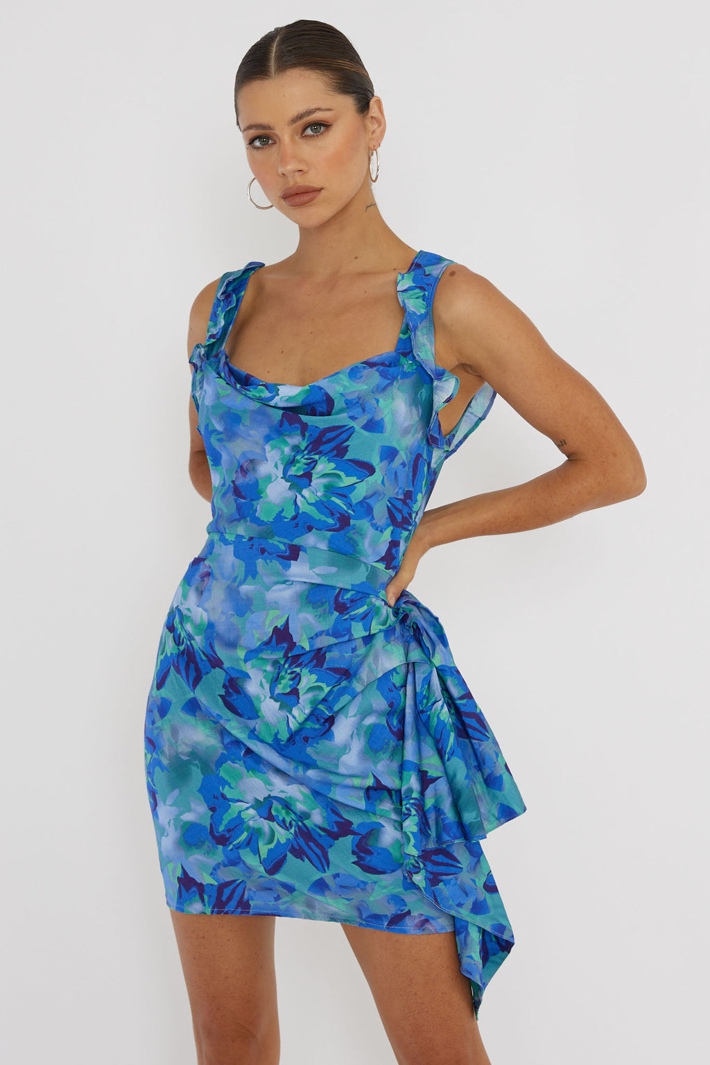 Heart Beat Ruffle Trim Mini Dress Blue by Selfie Leslie Australia