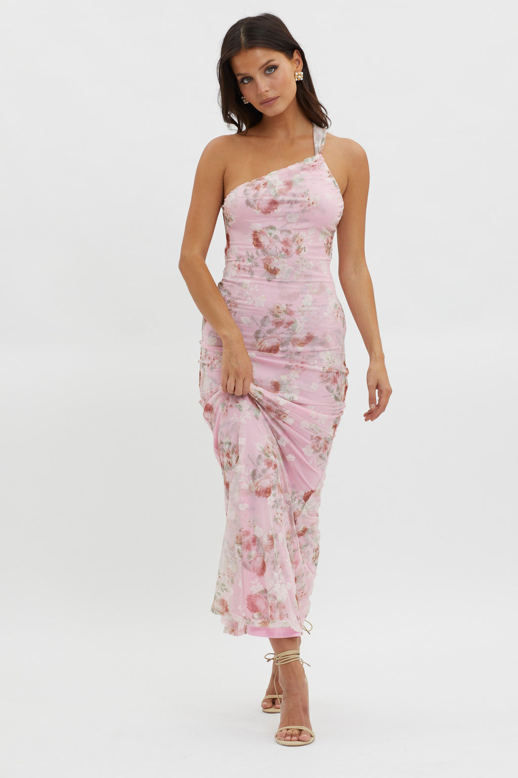 Tatum One-Shoulder Mesh Maxi Dress Pink by Selfie Leslie Australia