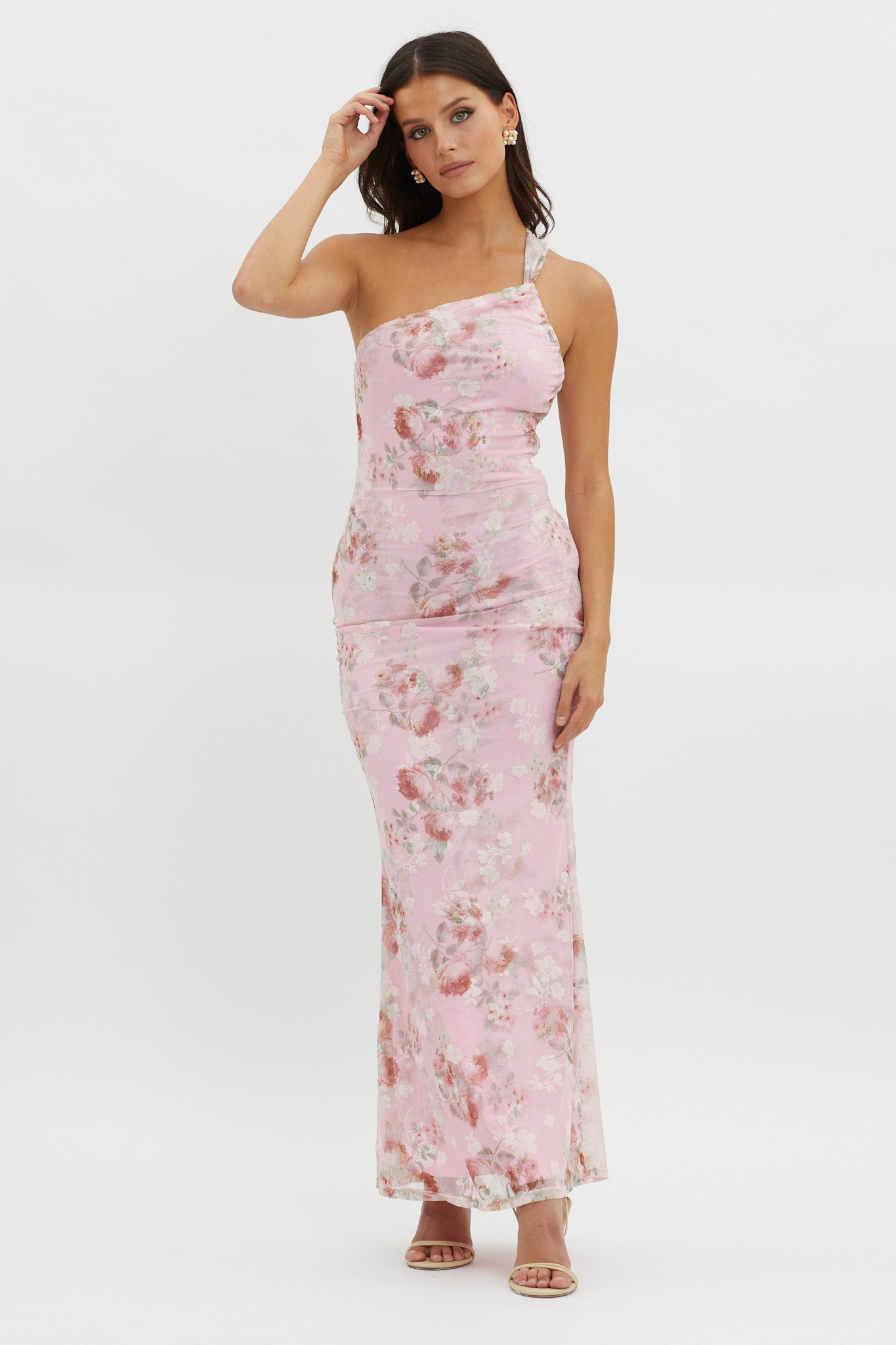 Tatum One-Shoulder Mesh Maxi Dress Pink by Selfie Leslie Australia