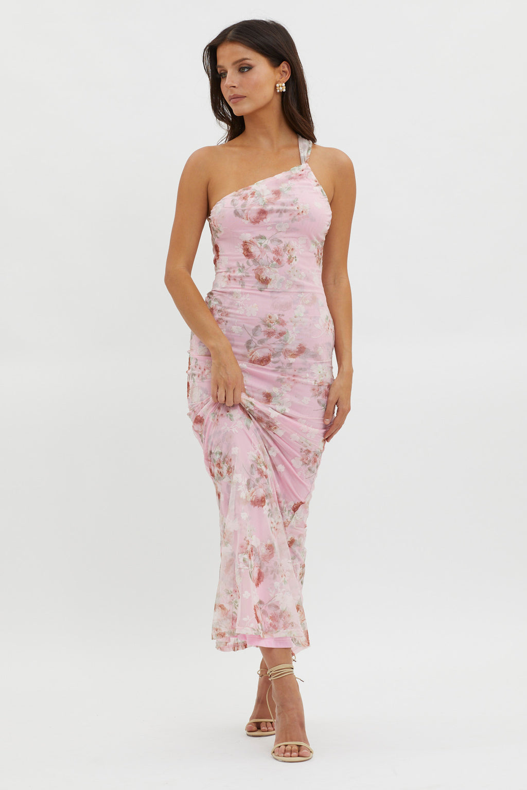 Tatum One-Shoulder Mesh Maxi Dress Pink by Selfie Leslie Australia