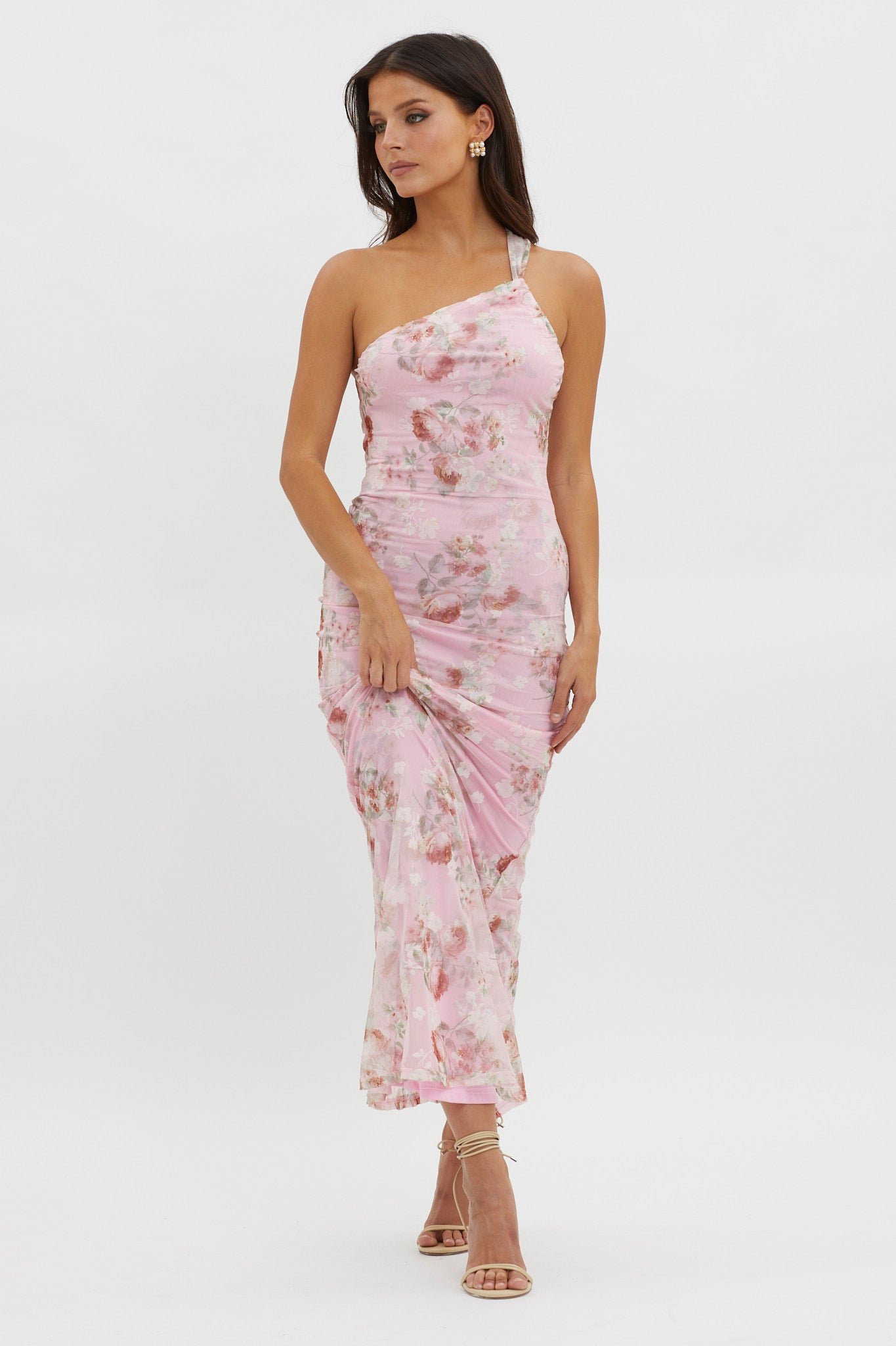 Tatum One-Shoulder Mesh Maxi Dress Pink by Selfie Leslie Australia