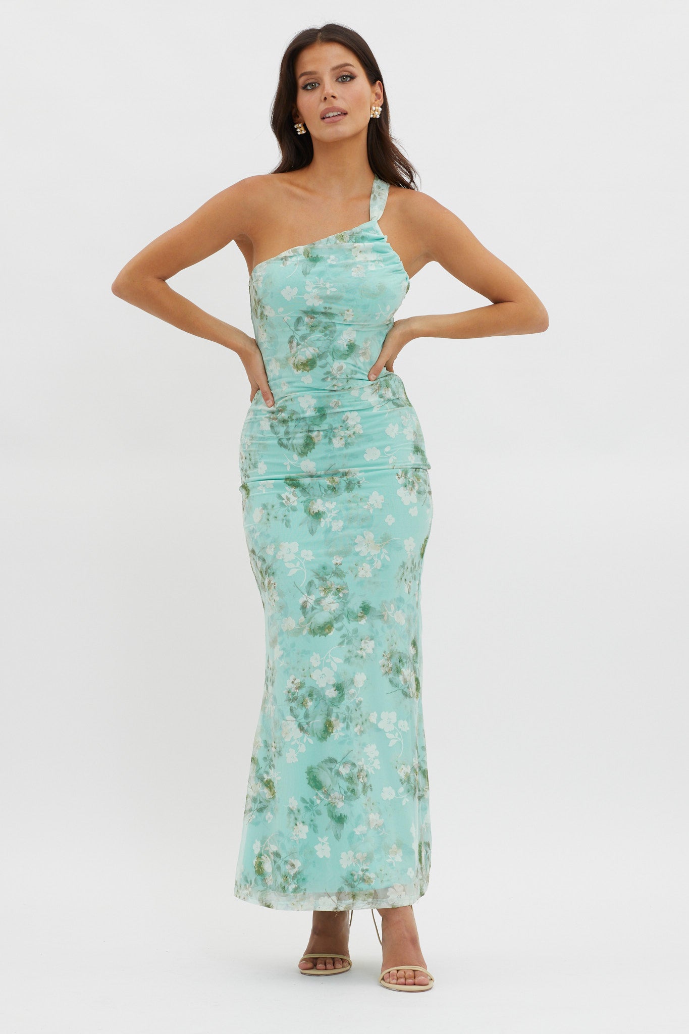Tatum One-Shoulder Mesh Maxi Dress Sage by Selfie Leslie Australia