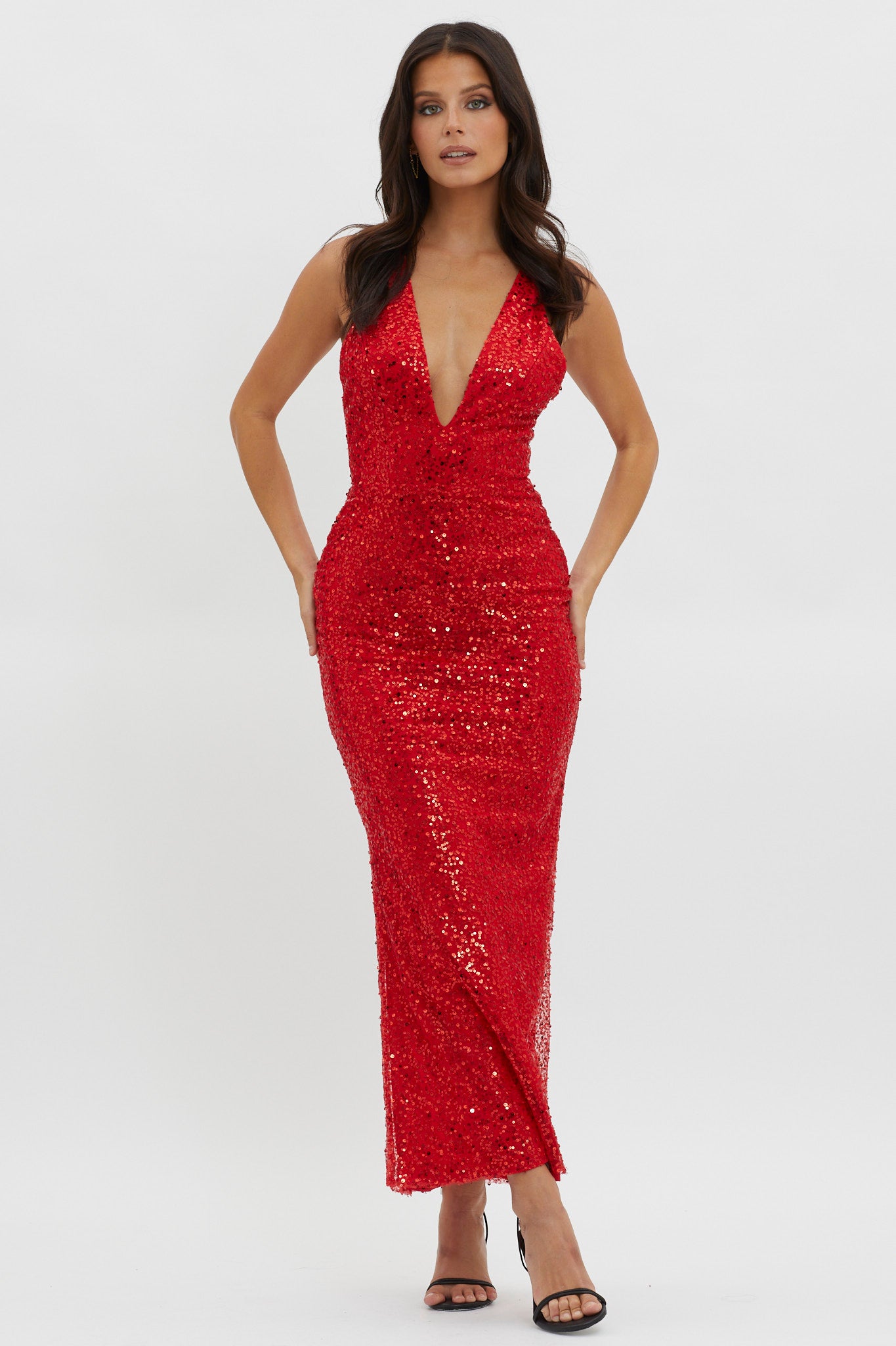 Glitter Nights Plunging Neckline Sequin Dress Red by Selfie Leslie Australia
