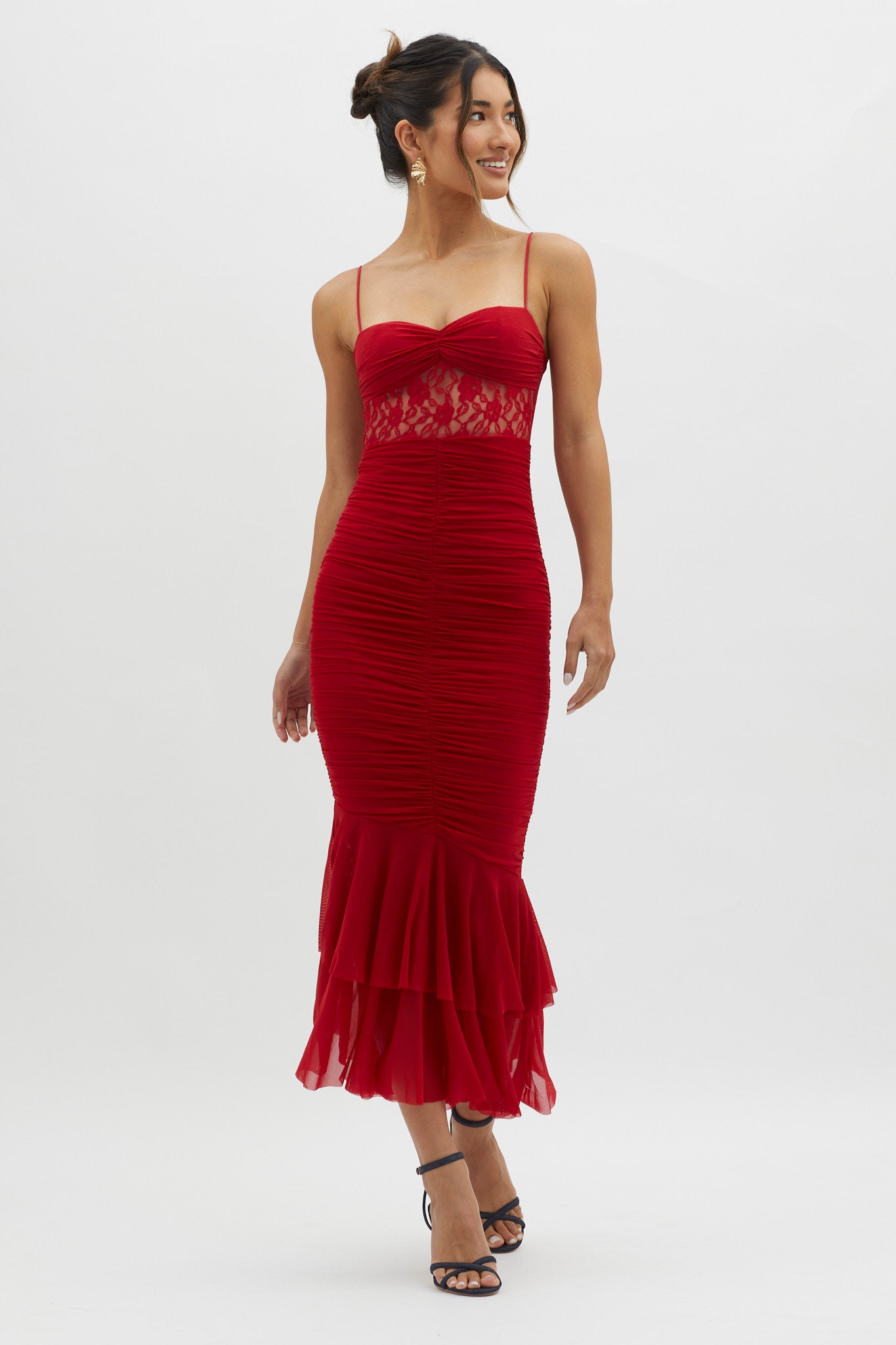 Cherubim Lace Insert Ruched Midi Dress Red by Selfie Leslie Australia