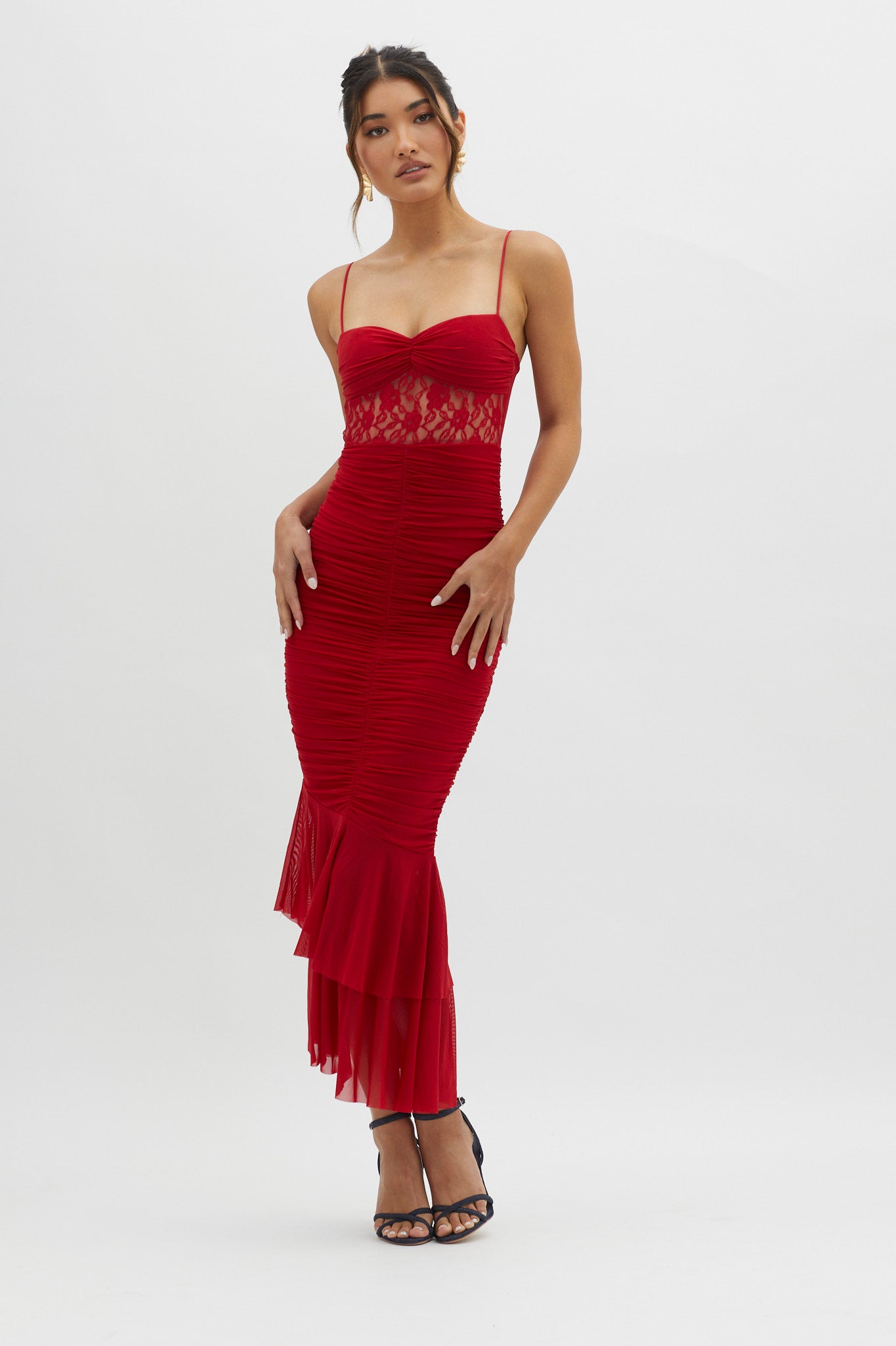 Cherubim Lace Insert Ruched Midi Dress Red by Selfie Leslie Australia