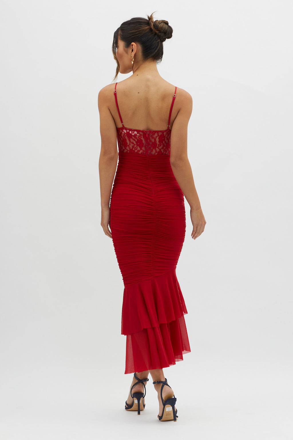 Cherubim Lace Insert Ruched Midi Dress Red by Selfie Leslie Australia