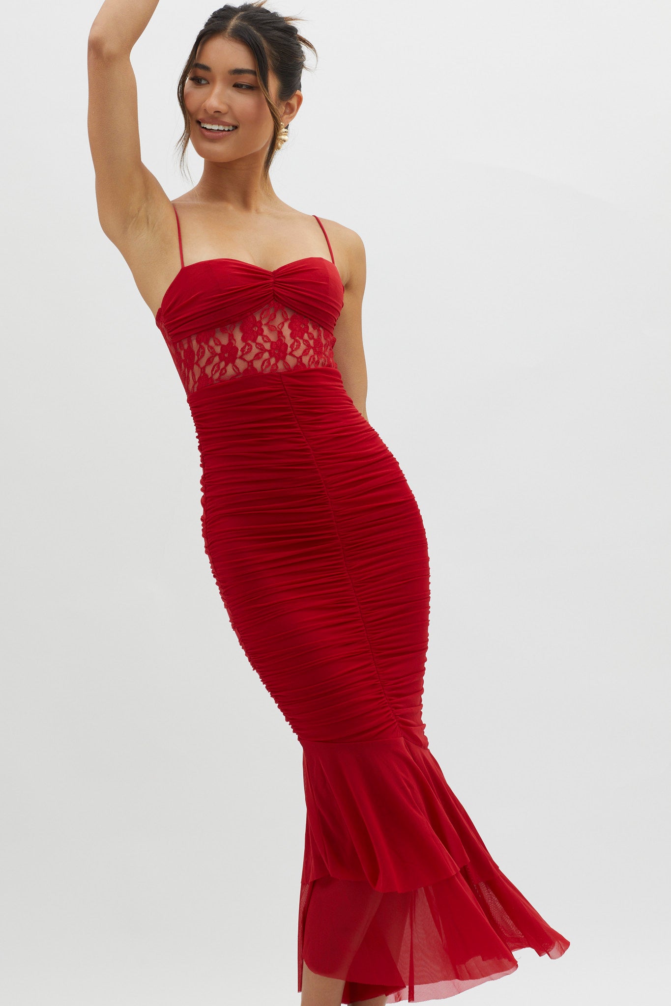 Cherubim Lace Insert Ruched Midi Dress Red by Selfie Leslie Australia