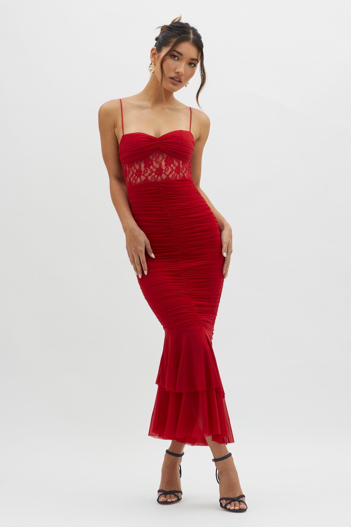 Cherubim Lace Insert Ruched Midi Dress Red by Selfie Leslie Australia