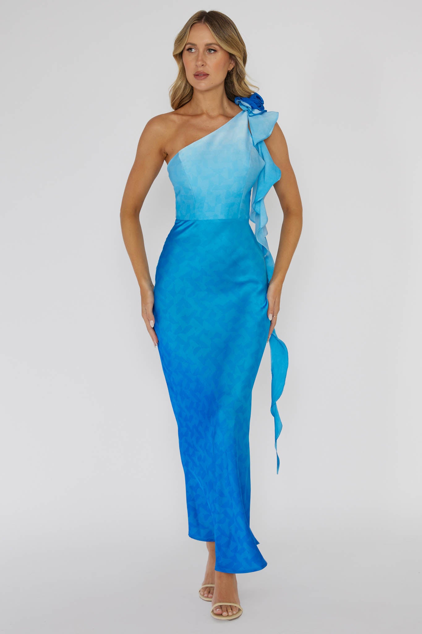 Mariyan One Shoulder Rose Maxi Dress Blue by Selfie Leslie Australia
