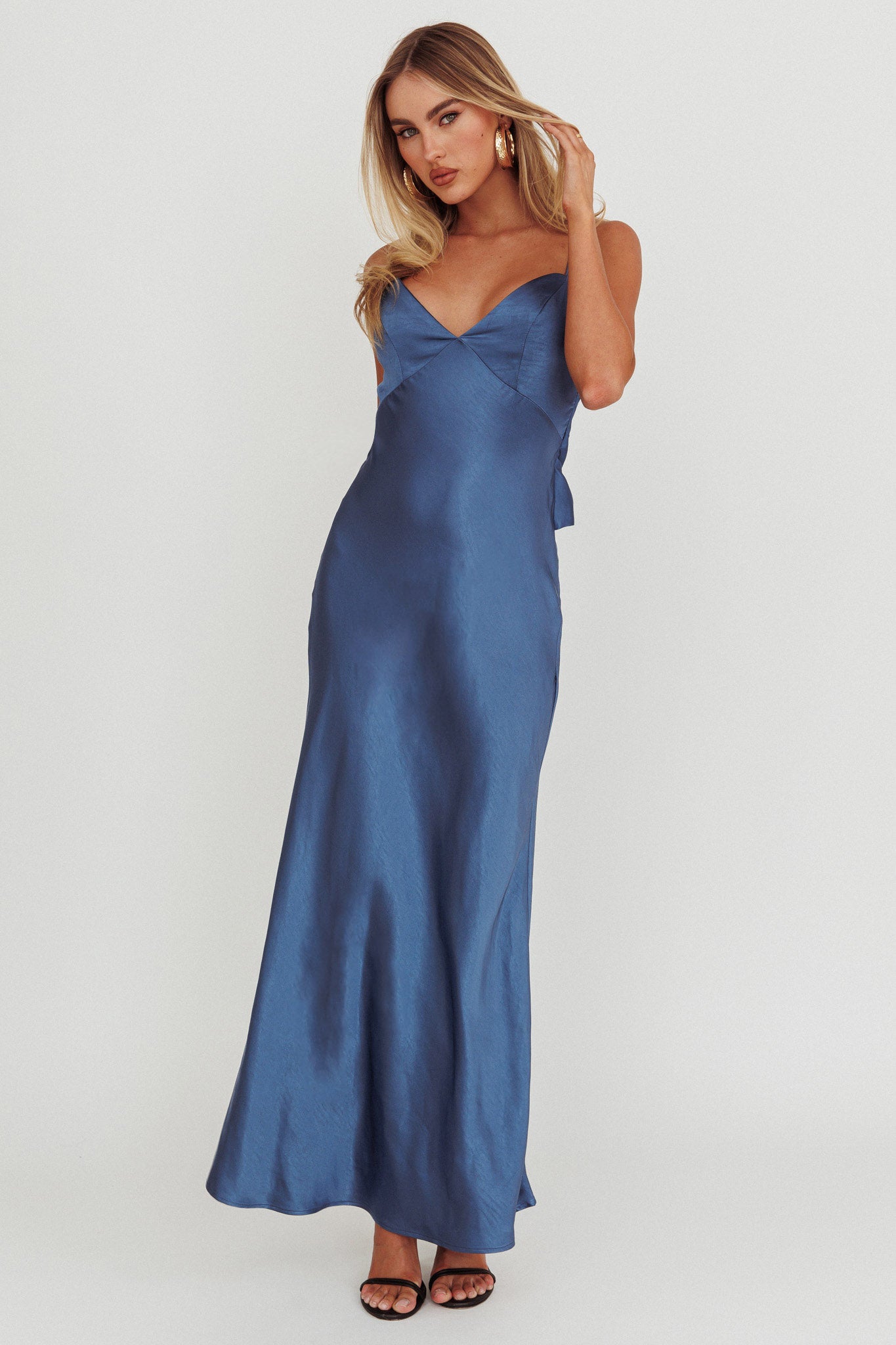 Ciao, Bella Tied Back Satin Maxi Dress Midnight Blue by Selfie Leslie Australia