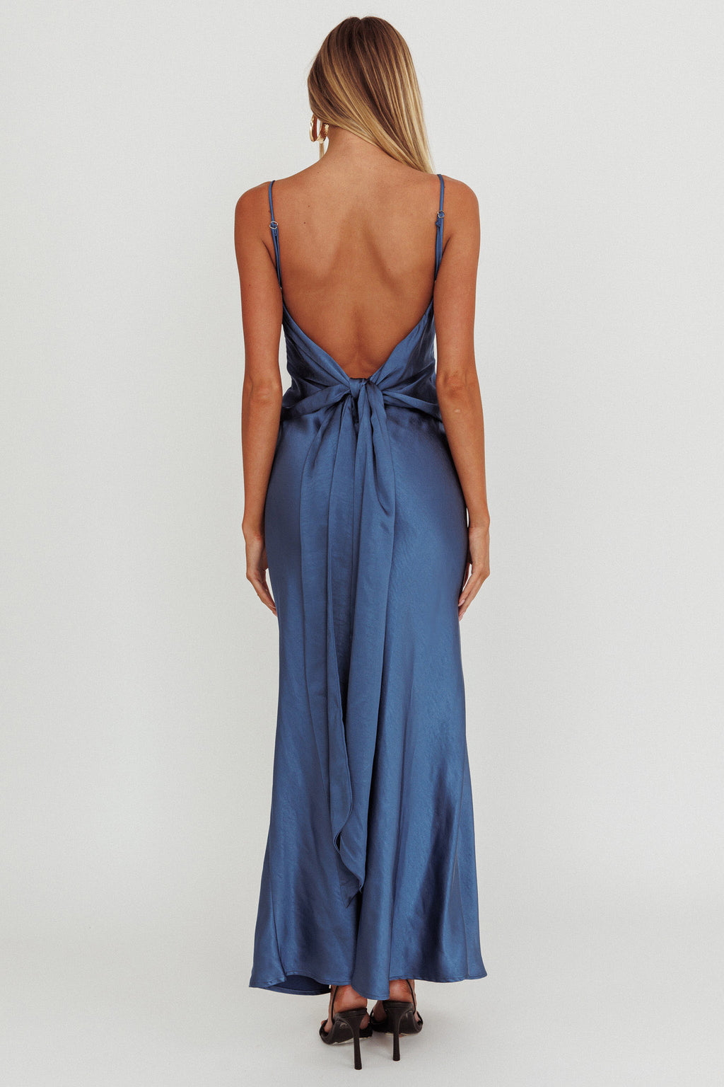 Ciao, Bella Tied Back Satin Maxi Dress Midnight Blue by Selfie Leslie Australia