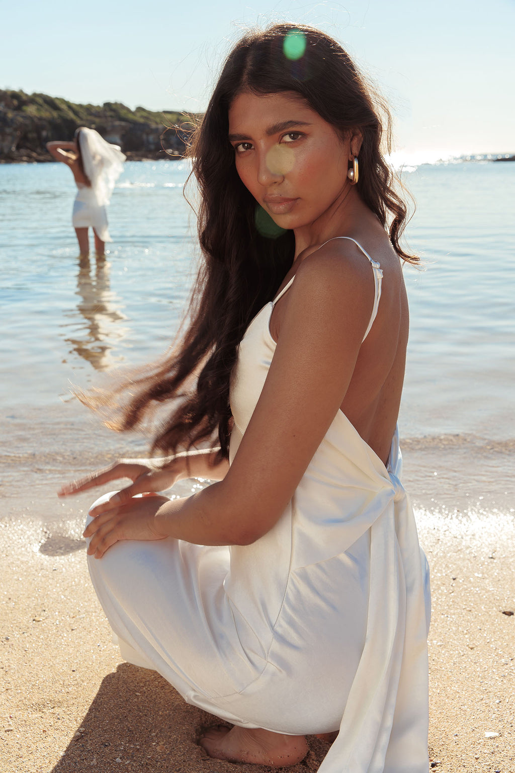 Ciao, Bella Tied Back Satin Maxi Dress Off White by Selfie Leslie Australia
