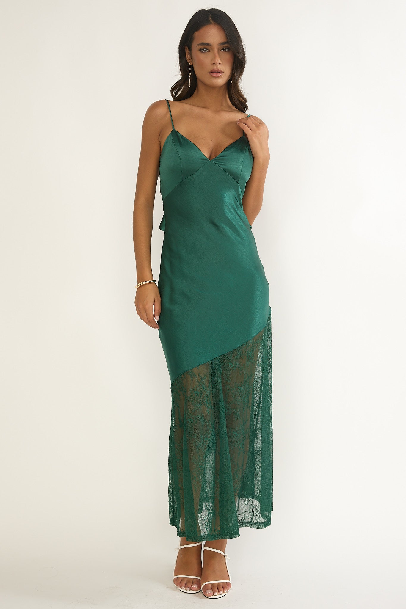 Ciao, Bella Tied Back Lace Hem Dress Forest Green by Selfie Leslie Australia