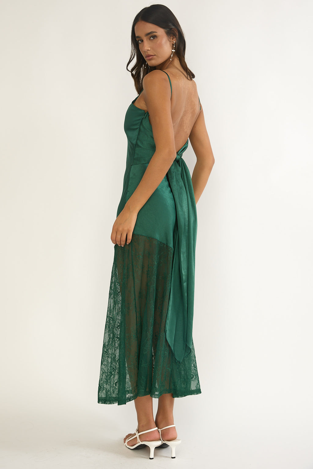 Ciao, Bella Tied Back Lace Hem Dress Forest Green by Selfie Leslie Australia