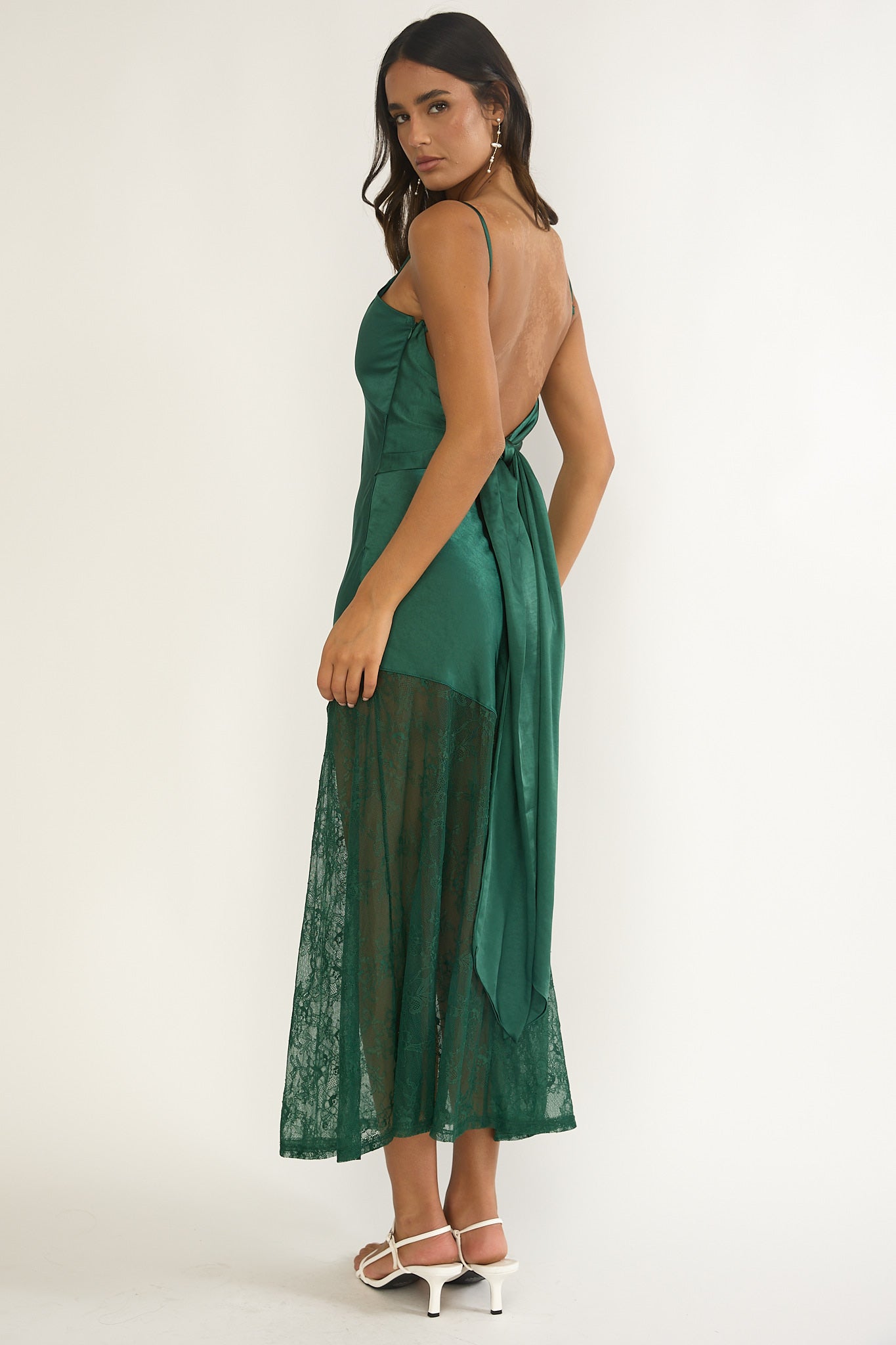 Ciao, Bella Tied Back Lace Hem Dress Forest Green by Selfie Leslie Australia