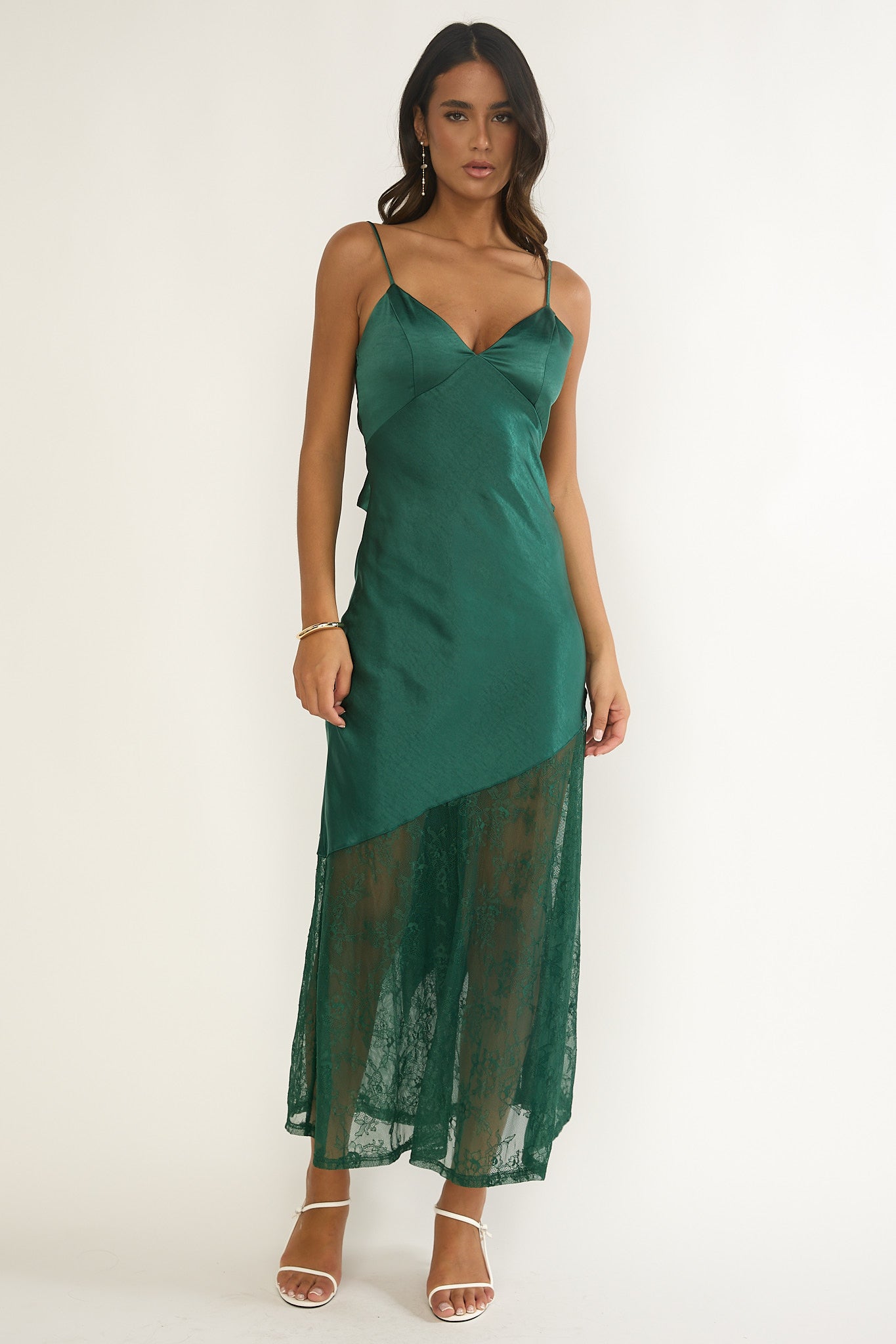 Ciao, Bella Tied Back Lace Hem Dress Forest Green by Selfie Leslie Australia