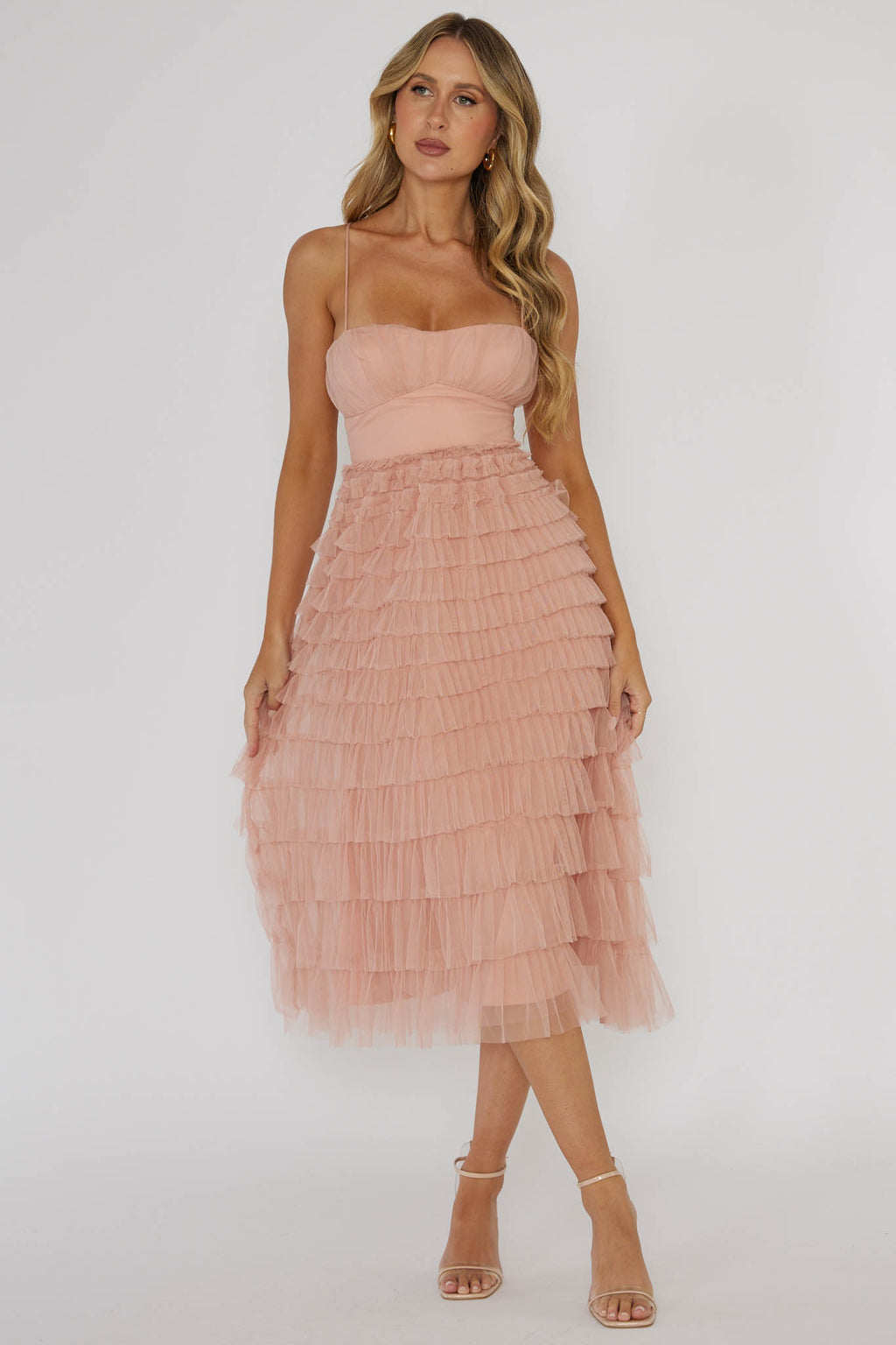 Garden Party Tiered Frill Midi Dress Blush by Selfie Leslie Australia