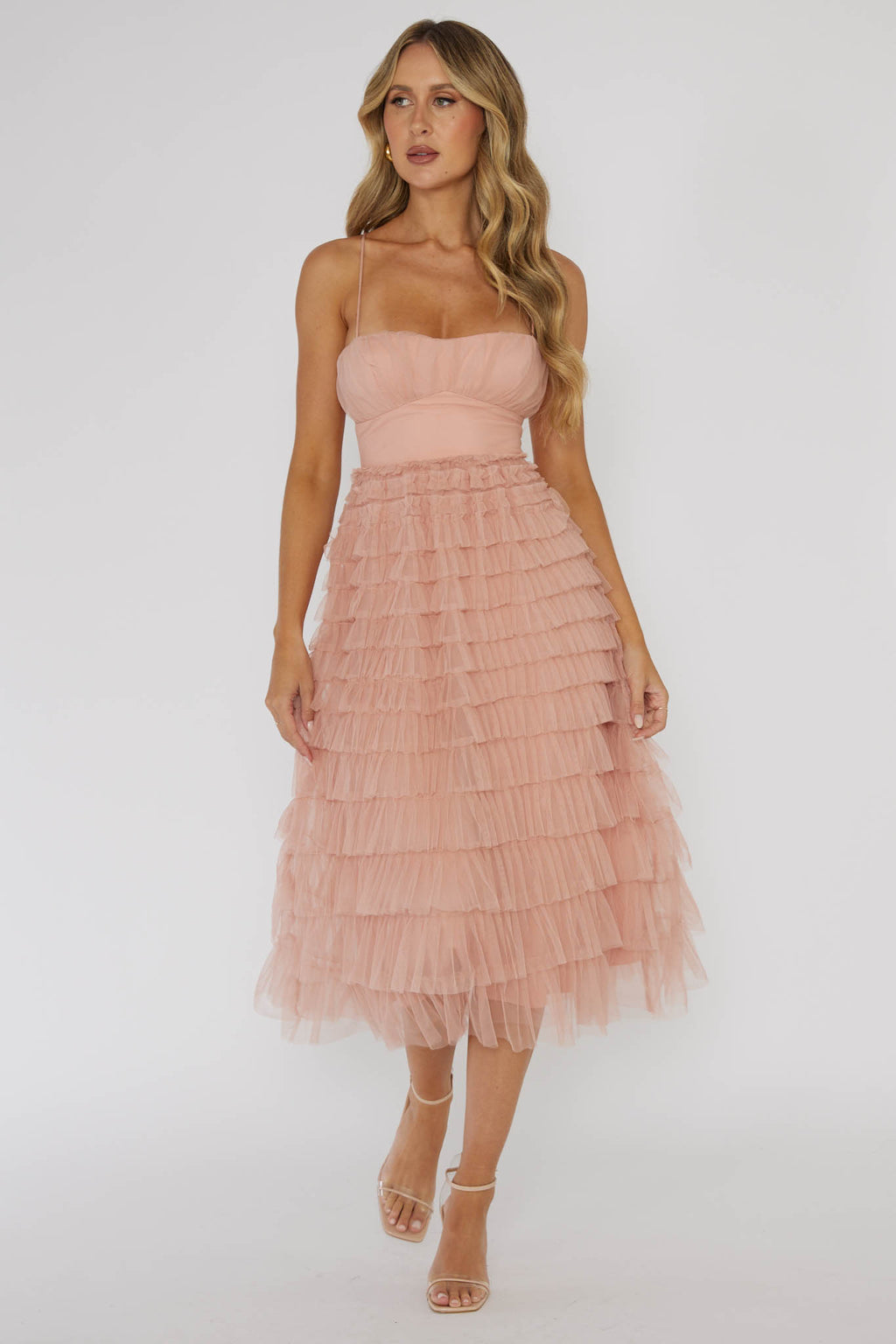 Garden Party Tiered Frill Midi Dress Blush by Selfie Leslie Australia