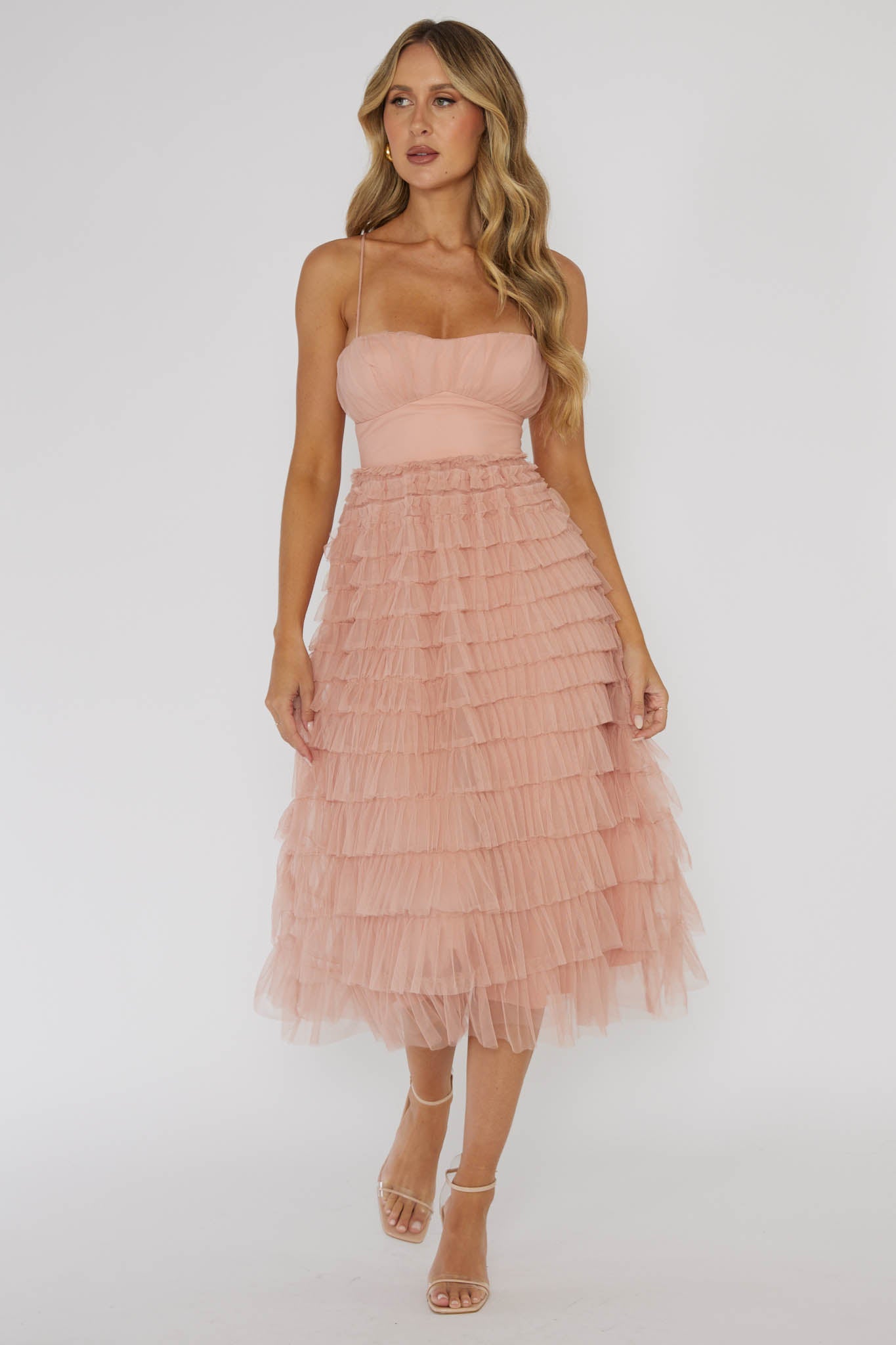 Garden Party Tiered Frill Midi Dress Blush by Selfie Leslie Australia