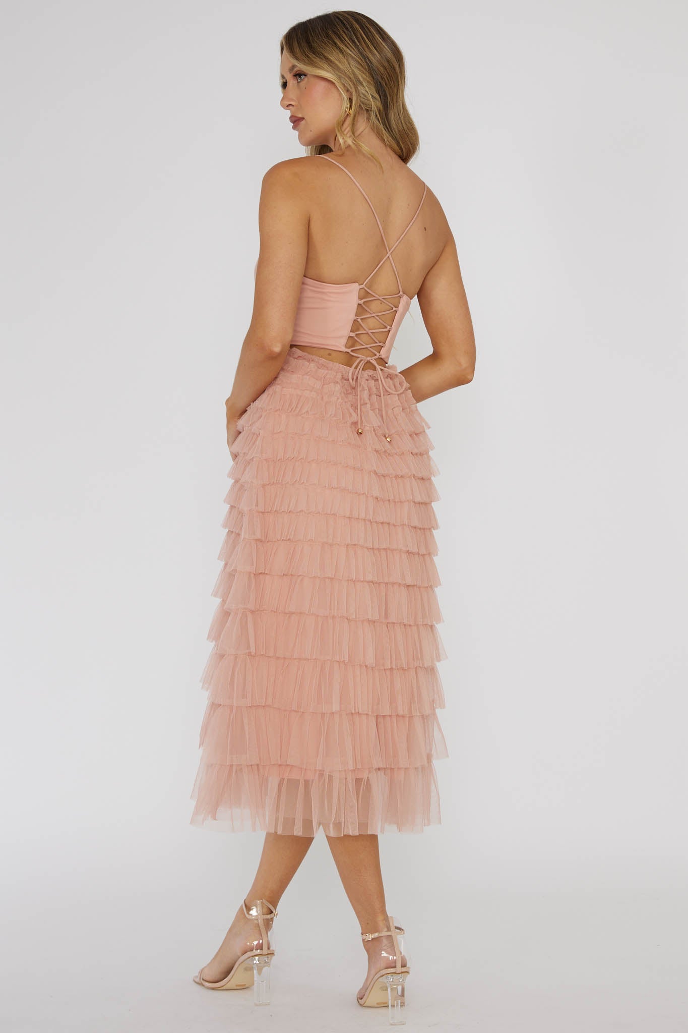 Garden Party Tiered Frill Midi Dress Blush by Selfie Leslie Australia