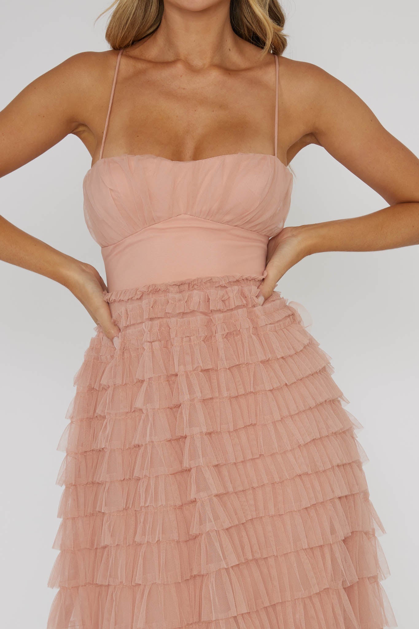 Garden Party Tiered Frill Midi Dress Blush by Selfie Leslie Australia
