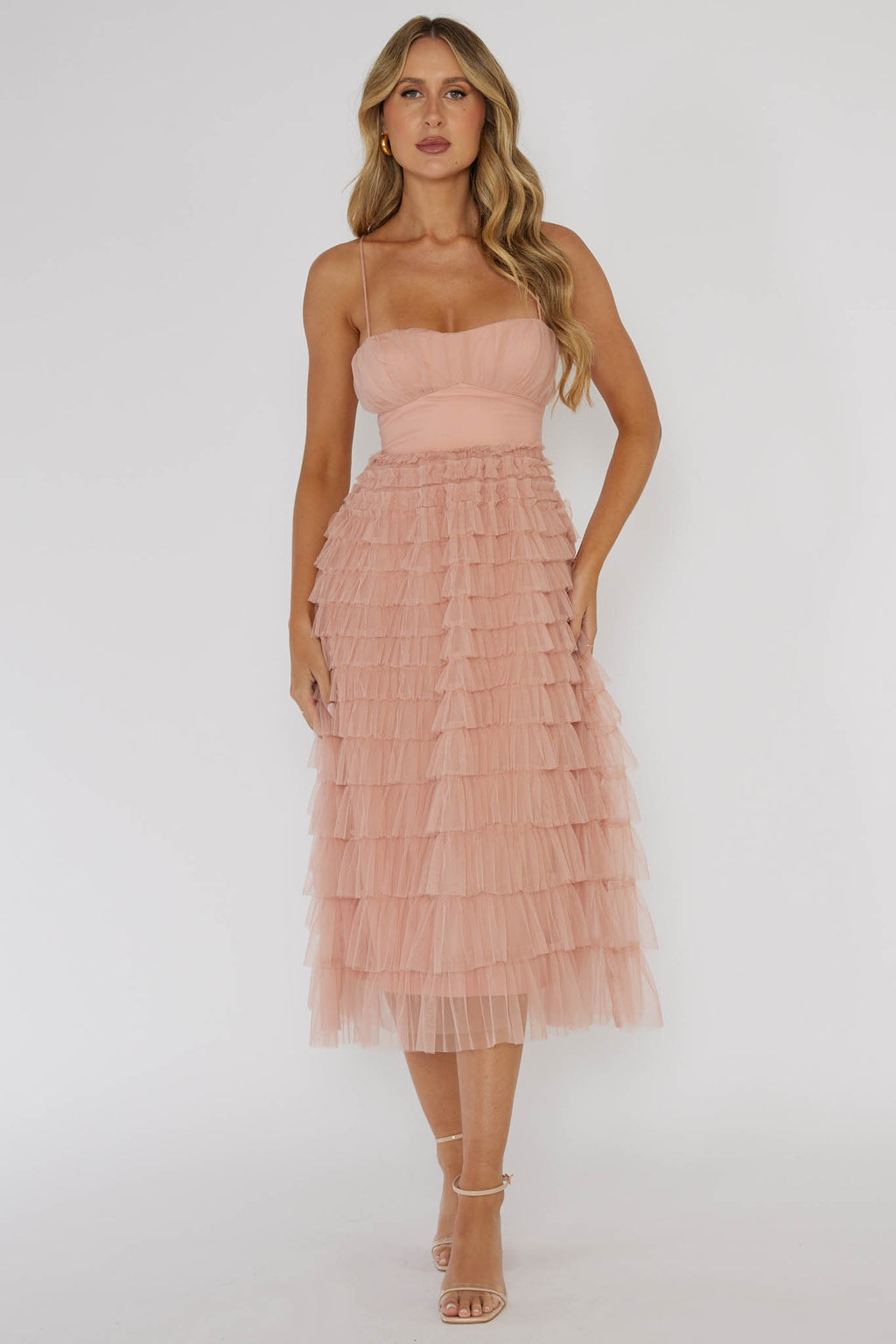 Garden Party Tiered Frill Midi Dress Blush by Selfie Leslie Australia