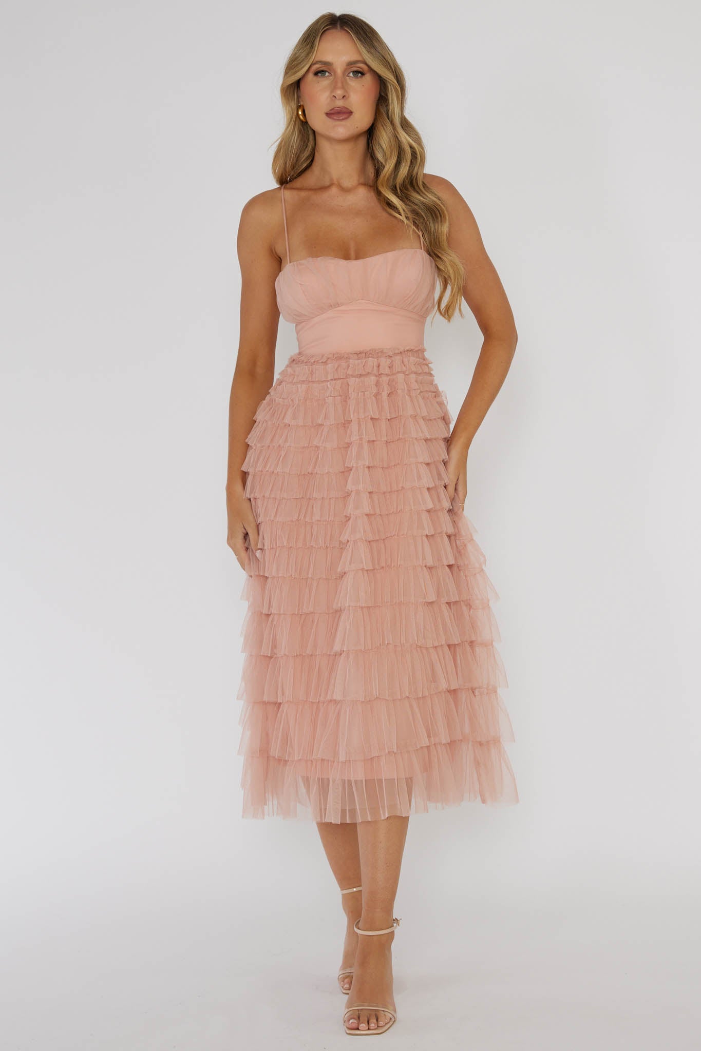 Garden Party Tiered Frill Midi Dress Blush by Selfie Leslie Australia