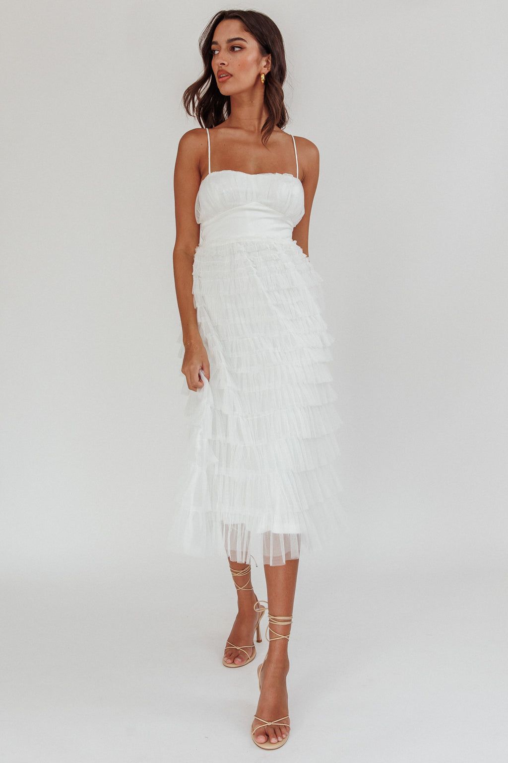 Garden Party Tiered Frill Midi Dress White by Selfie Leslie Australia
