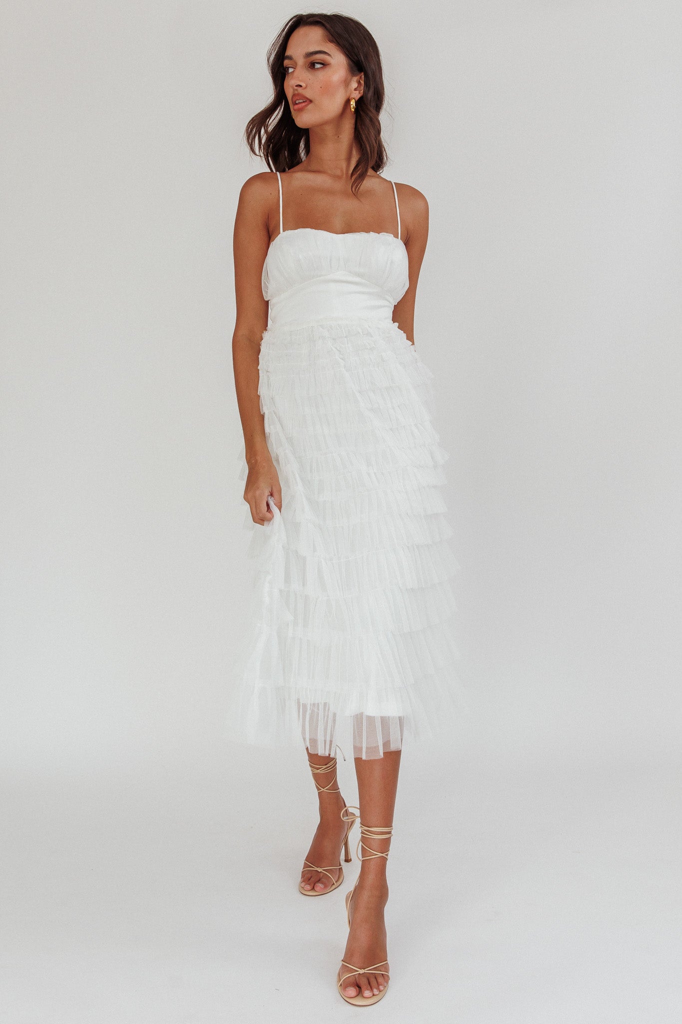 Garden Party Tiered Frill Midi Dress White by Selfie Leslie Australia