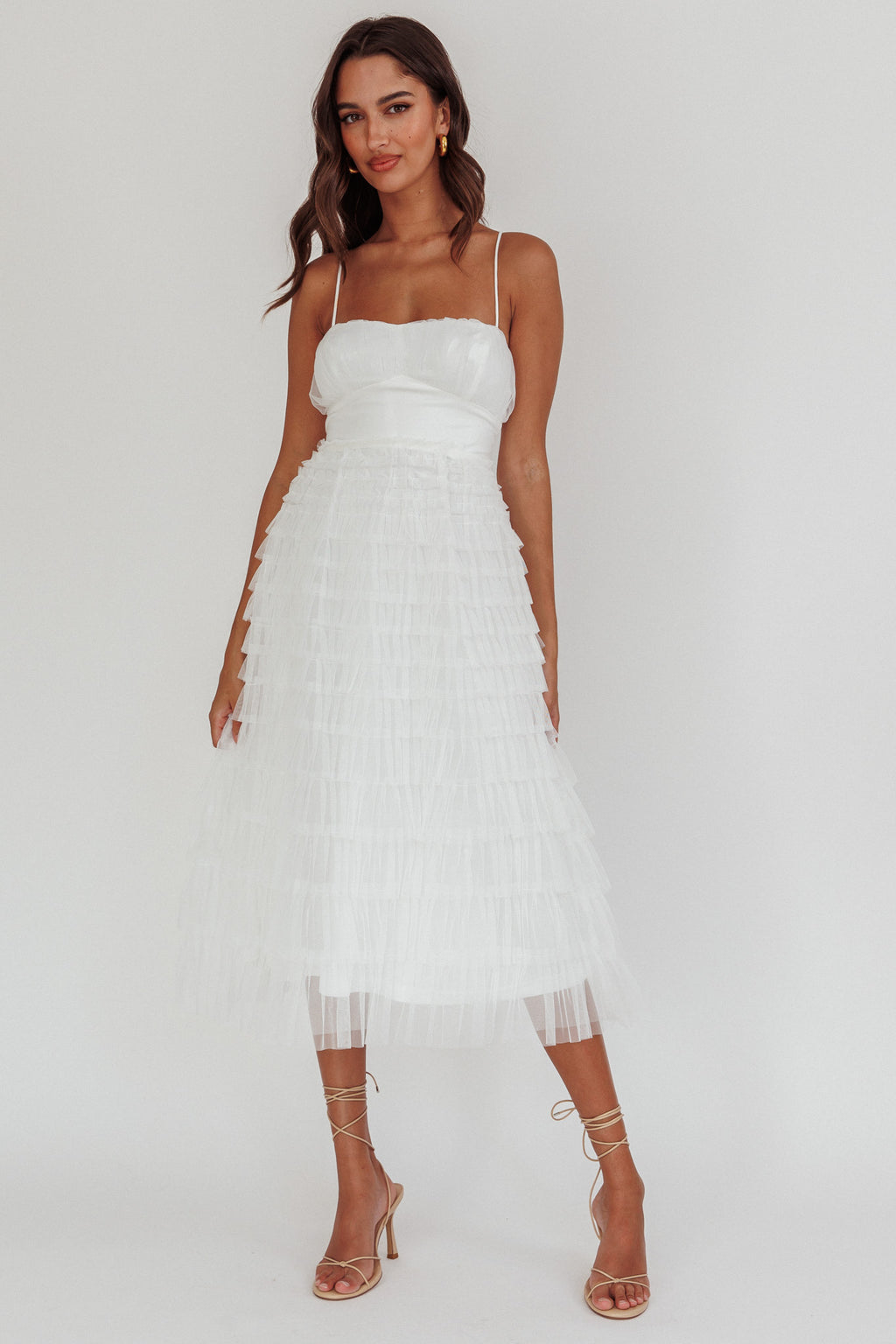 Garden Party Tiered Frill Midi Dress White by Selfie Leslie Australia