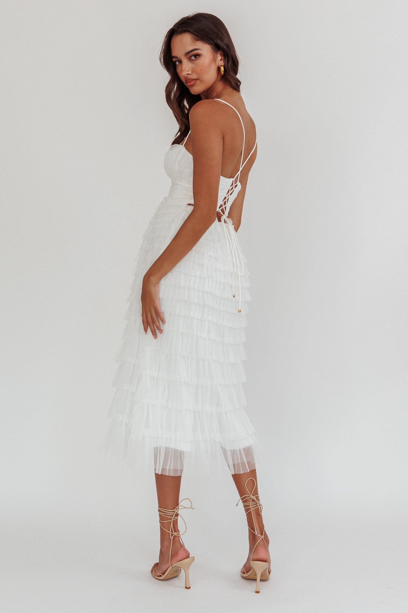 Garden Party Tiered Frill Midi Dress White by Selfie Leslie Australia