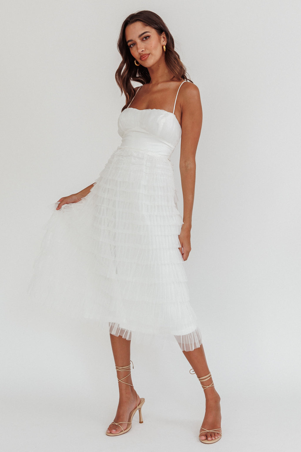 Garden Party Tiered Frill Midi Dress White by Selfie Leslie Australia
