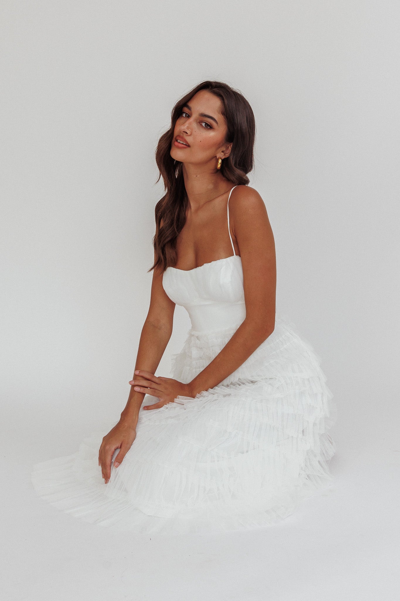 Garden Party Tiered Frill Midi Dress White by Selfie Leslie Australia