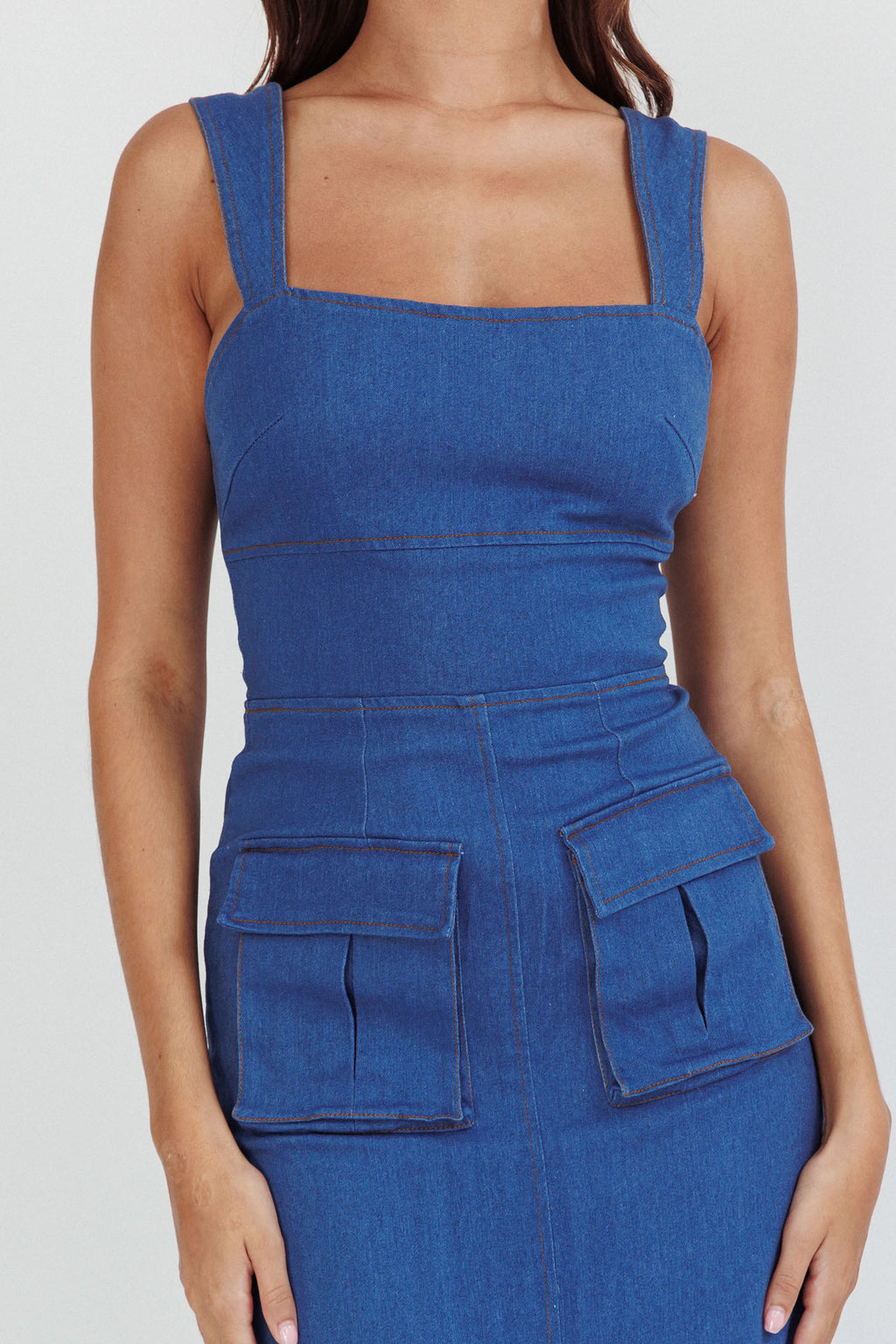 Central Park Pocket Front Midi Dress Denim by Selfie Leslie Australia