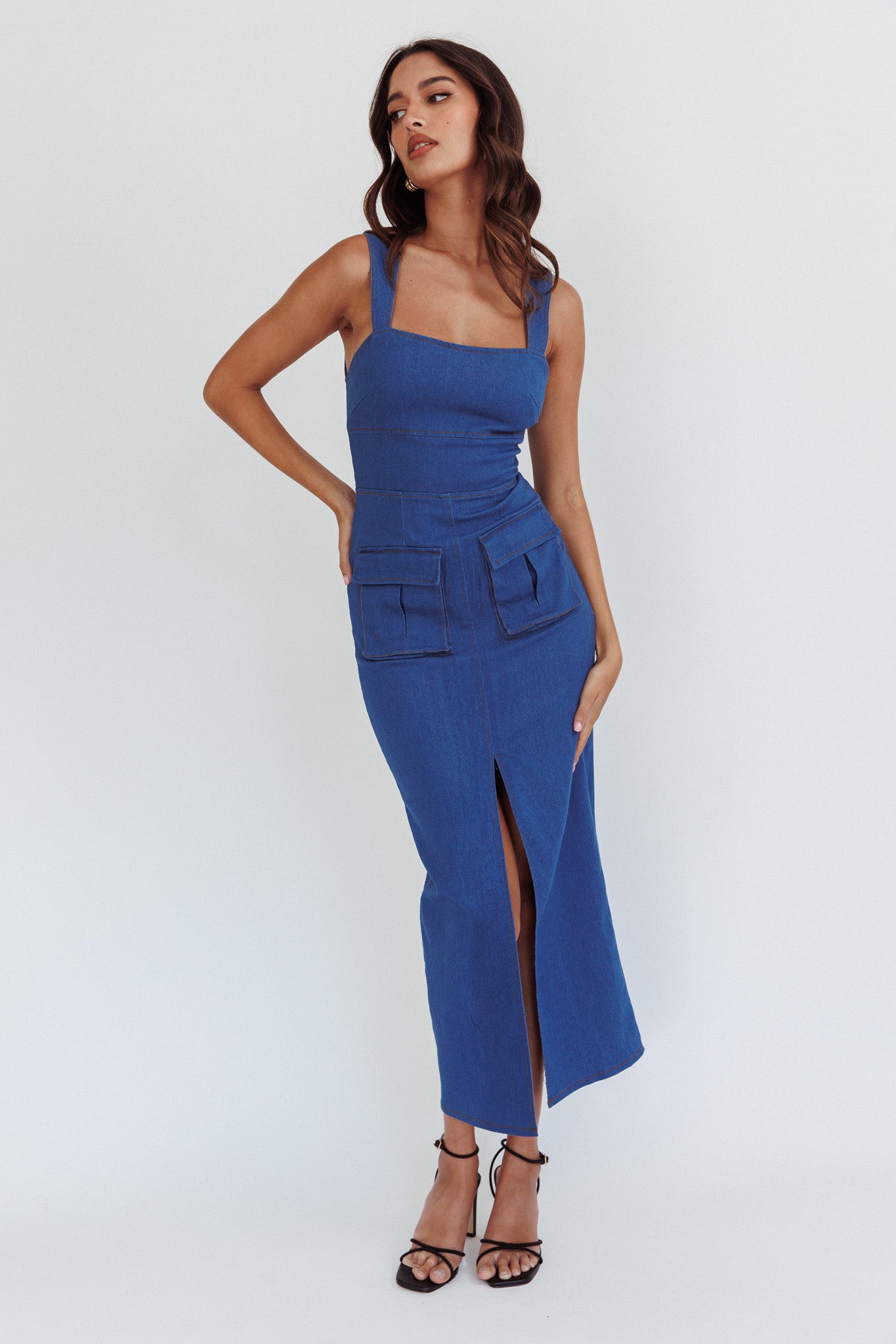 Central Park Pocket Front Midi Dress Denim by Selfie Leslie Australia