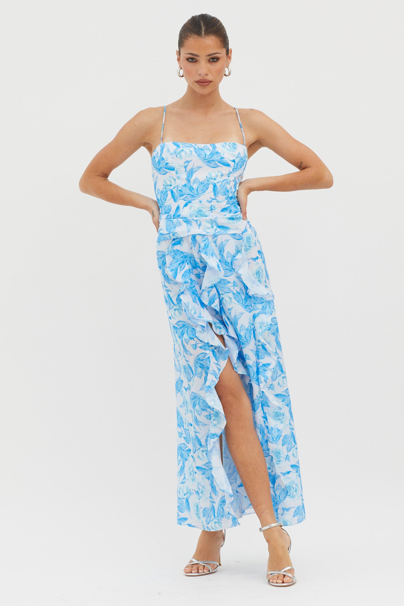 Serif Ruffle Trim Split Maxi Dress Blue by Selfie Leslie Australia