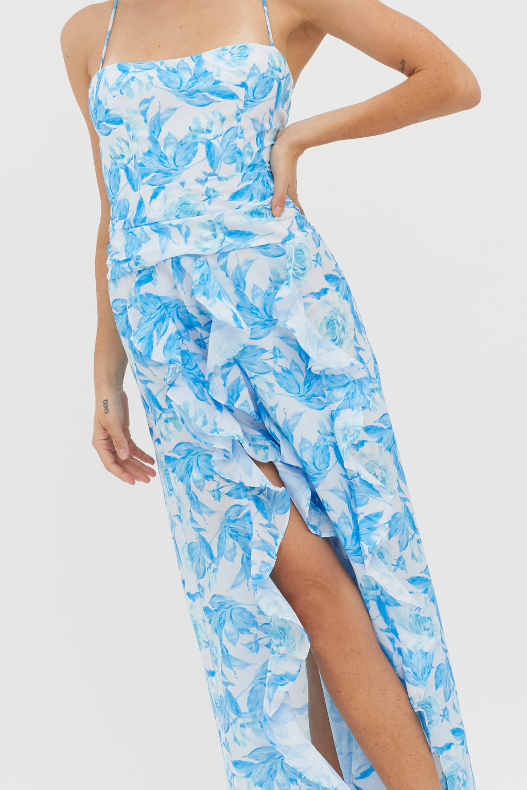 Serif Ruffle Trim Split Maxi Dress Blue by Selfie Leslie Australia