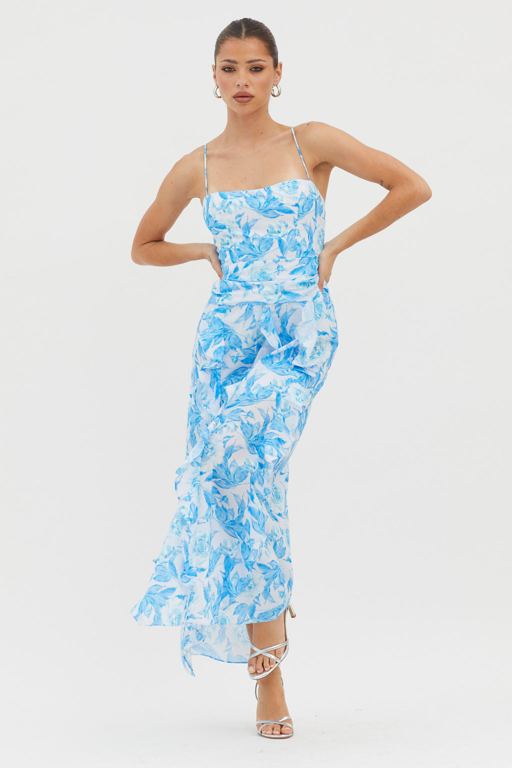Serif Ruffle Trim Split Maxi Dress Blue by Selfie Leslie Australia