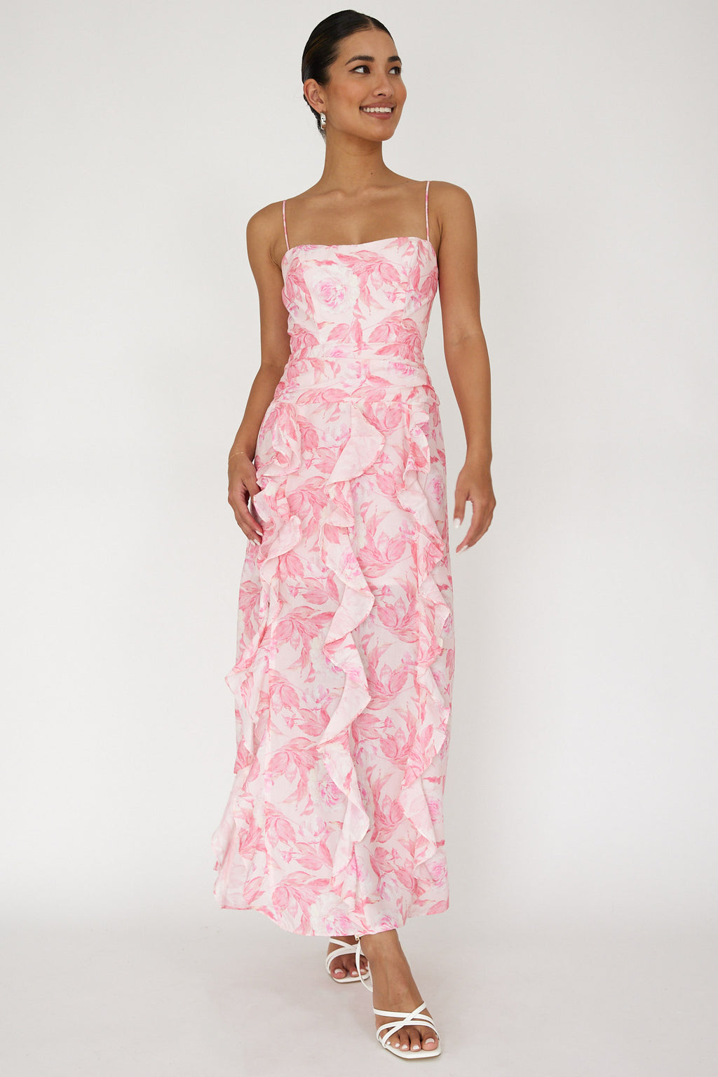 Serif Ruffle Trim Split Maxi Dress Pink by Selfie Leslie Australia