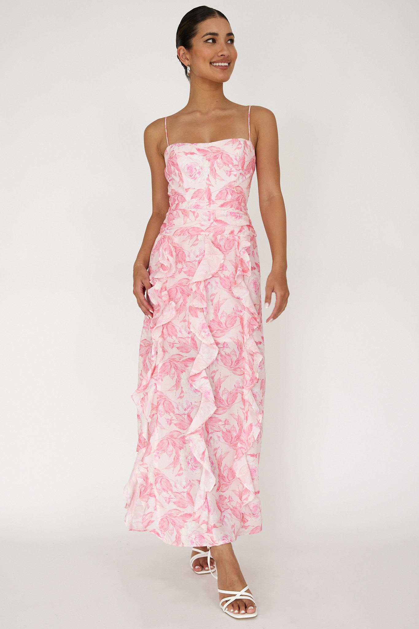 Serif Ruffle Trim Split Maxi Dress Pink by Selfie Leslie Australia