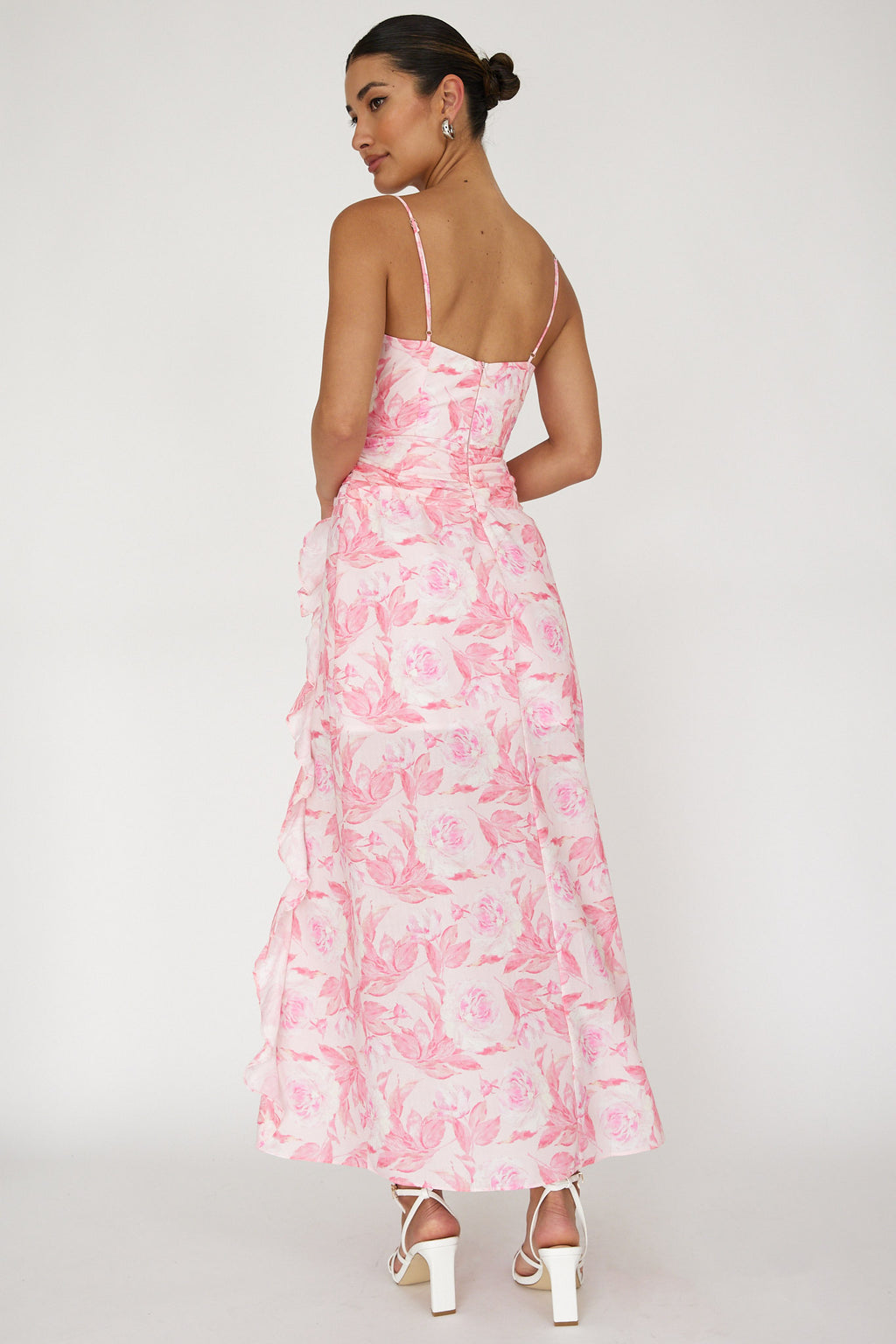 Serif Ruffle Trim Split Maxi Dress Pink by Selfie Leslie Australia