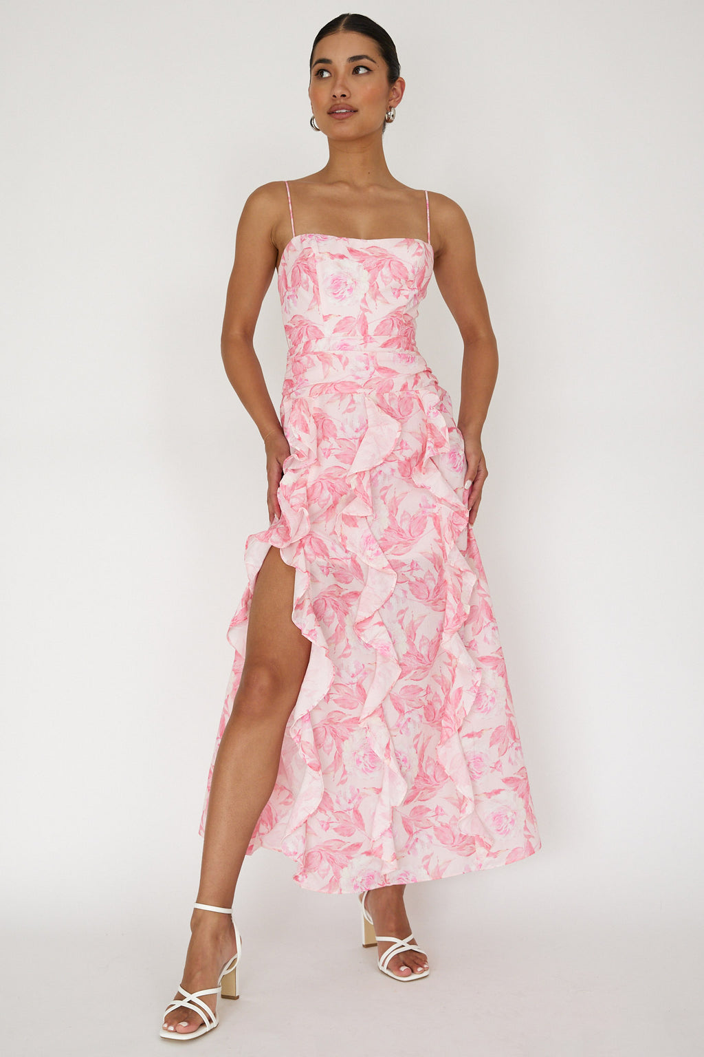 Serif Ruffle Trim Split Maxi Dress Pink by Selfie Leslie Australia