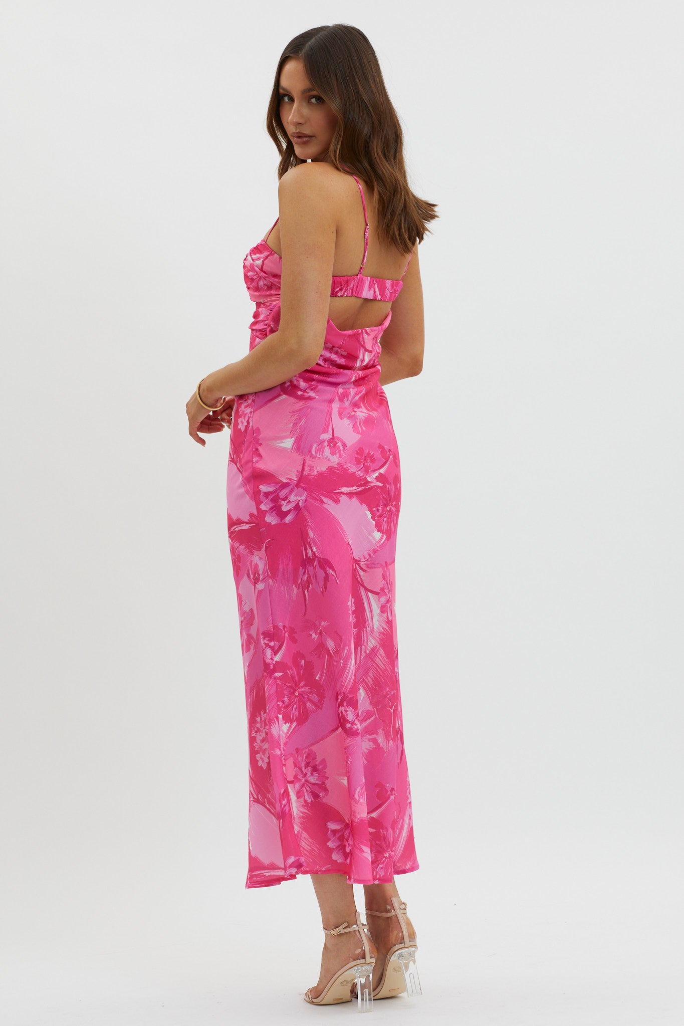 Melania Cut-Out Bodice Dress Floral Pink by Selfie Leslie Australia