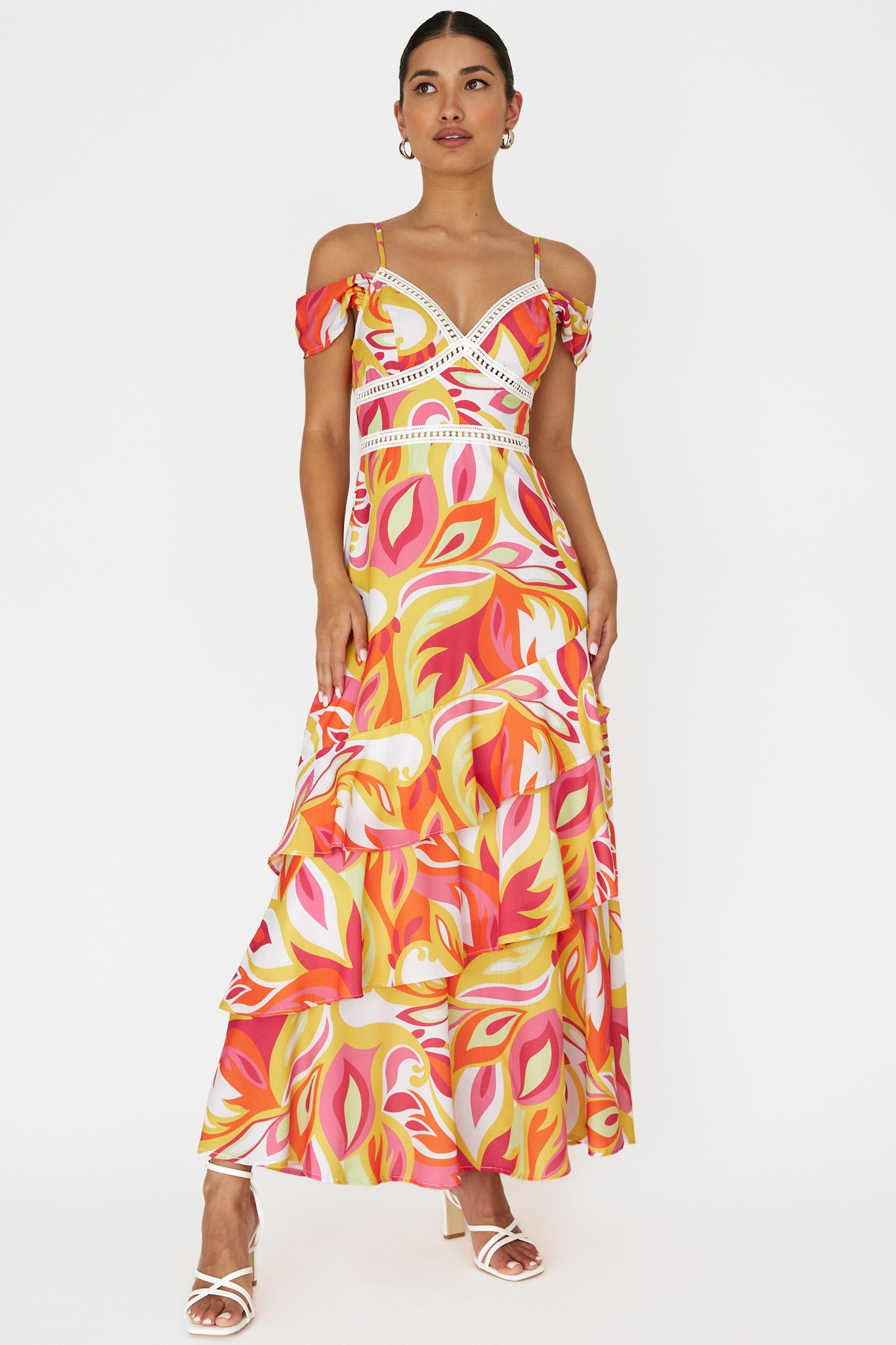 Seina Off-Shoulder Crochet Trim Dress Print Orange by Selfie Leslie Australia