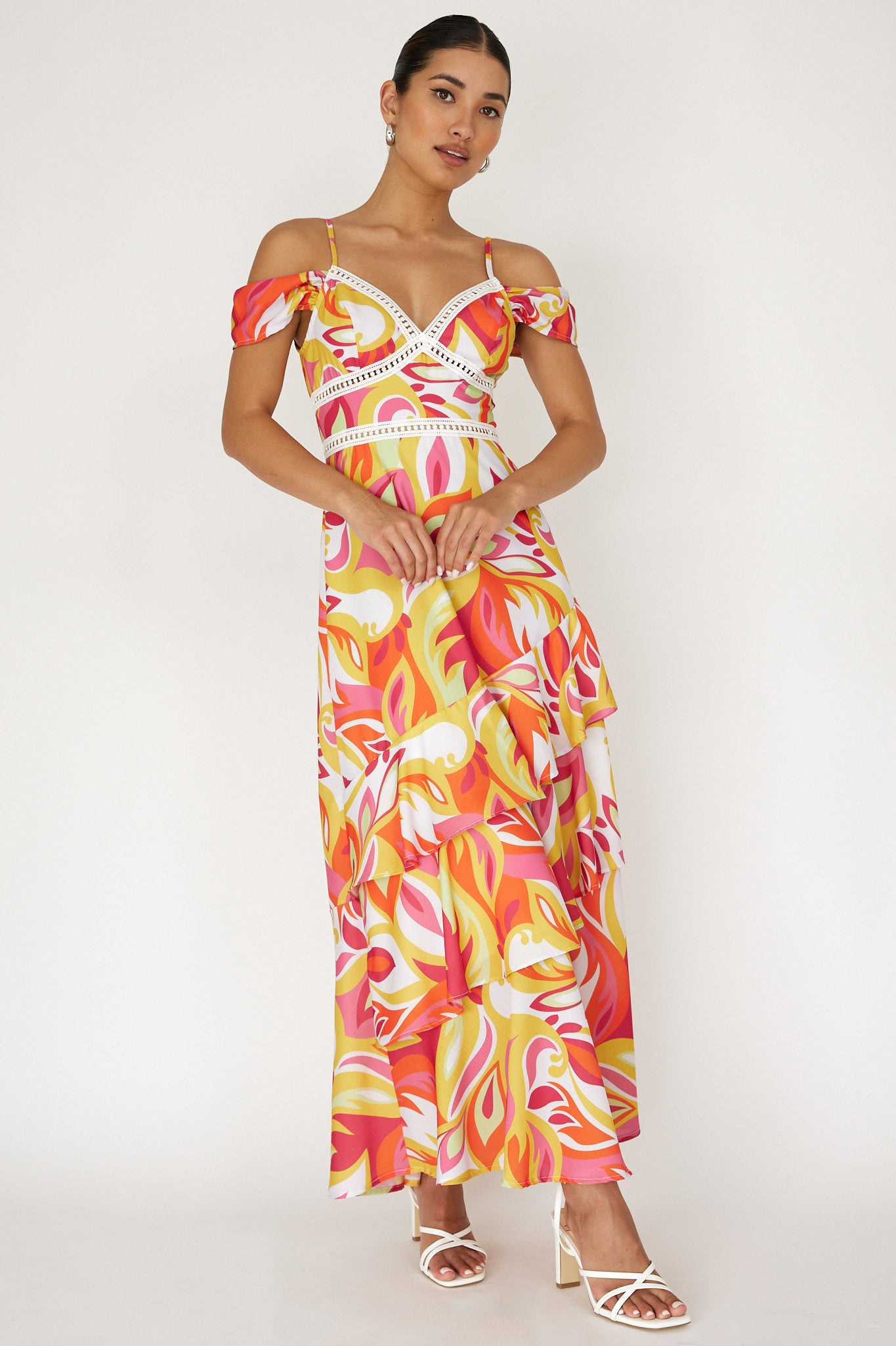 Seina Off-Shoulder Crochet Trim Dress Print Orange by Selfie Leslie Australia