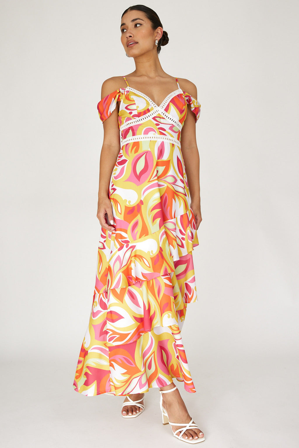 Seina Off-Shoulder Crochet Trim Dress Print Orange by Selfie Leslie Australia