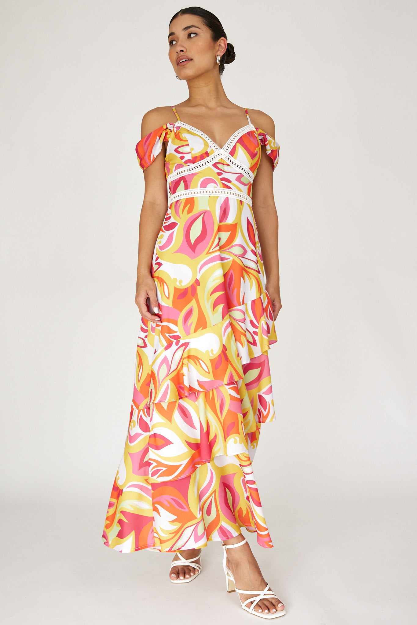 Seina Off-Shoulder Crochet Trim Dress Print Orange by Selfie Leslie Australia