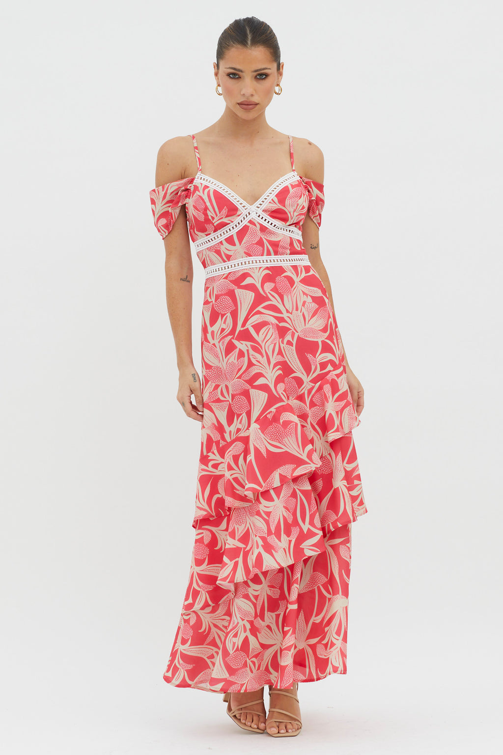 Seina Off-Shoulder Crochet Trim Dress Print Red by Selfie Leslie Australia