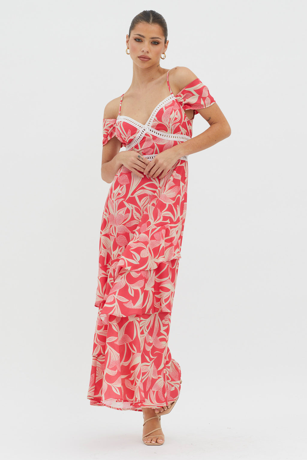 Seina Off-Shoulder Crochet Trim Dress Print Red by Selfie Leslie Australia