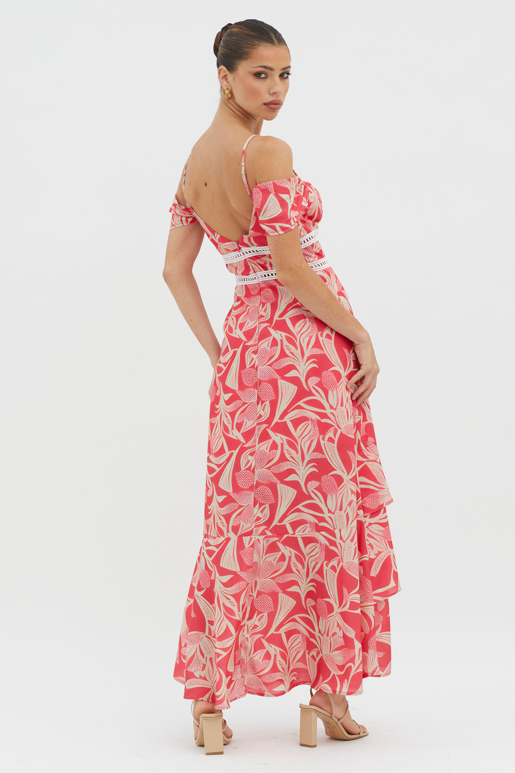 Seina Off-Shoulder Crochet Trim Dress Print Red by Selfie Leslie Australia